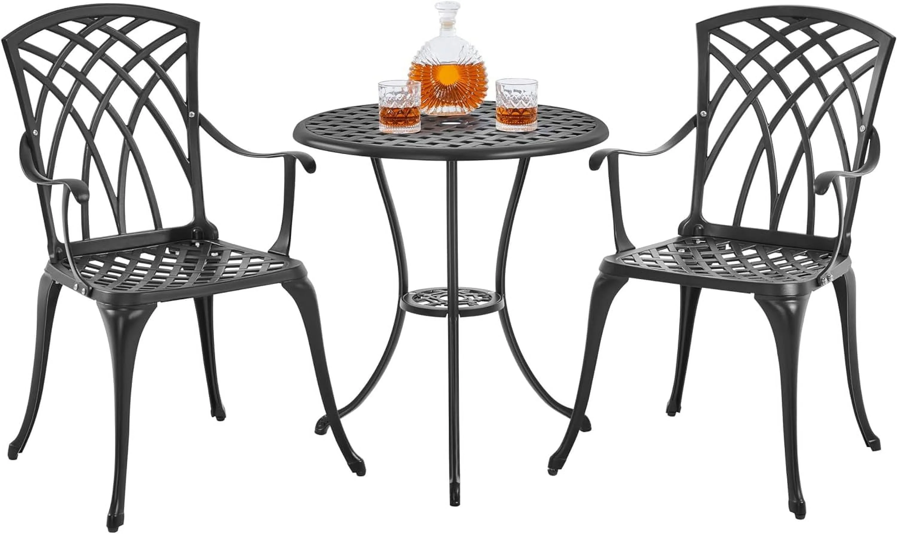 Yaheetech 3-Piece Patio Bistro Set Outdoor Cast Aluminum Bistro Table and Chairs Set of 2, Outdoor Patio Furniture with Umbrella Hole for Patio Balcony, Black
