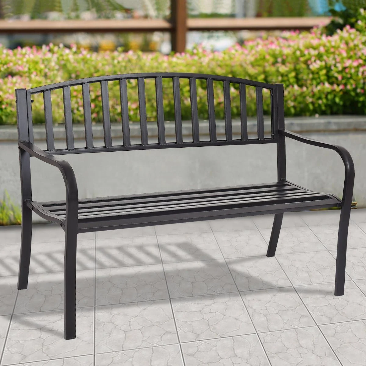 Outdoor Bench, 50” Patio Garden Bench with Steel Frame, Slat Design, 500 Lbs Weight Capacity, Patio Seating Bench for Porch, Backyard, Poolside, Outside Decor Furniture, Park Loveseat, Black