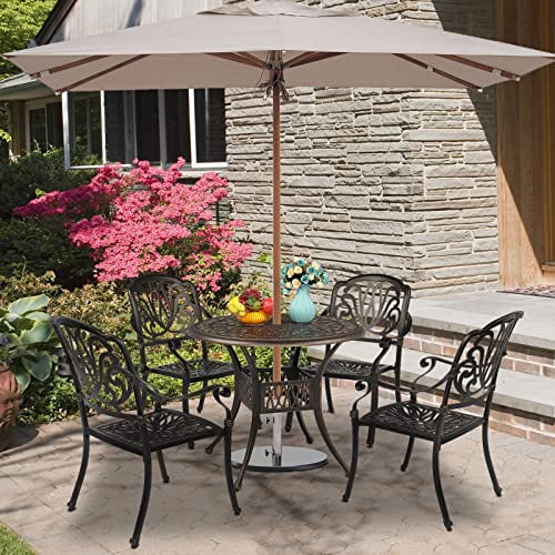 Outvita Patio Side Table, 35.4in Outdoor Round Cast Aluminum Bistro Table with Umbrella Hole and Antique Design for Backyard Porch Pool Balcony Deck Bronze