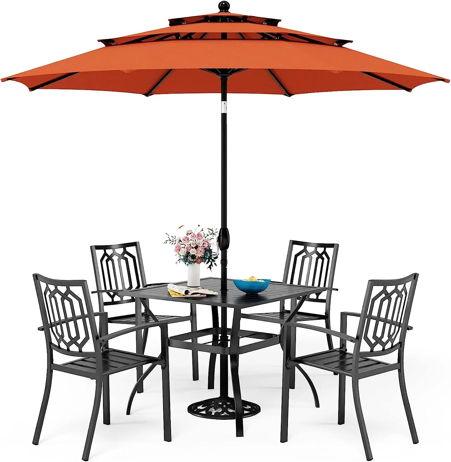 & William Patio Dining Set for 6 with 13ft Double-Sided Patio Umbrella  8 Piece Metal Outdoor Table Furniture Set - 6 Outdoor Chairs  1 Rectangle Dining Table and 1 Large Navy Blue Um