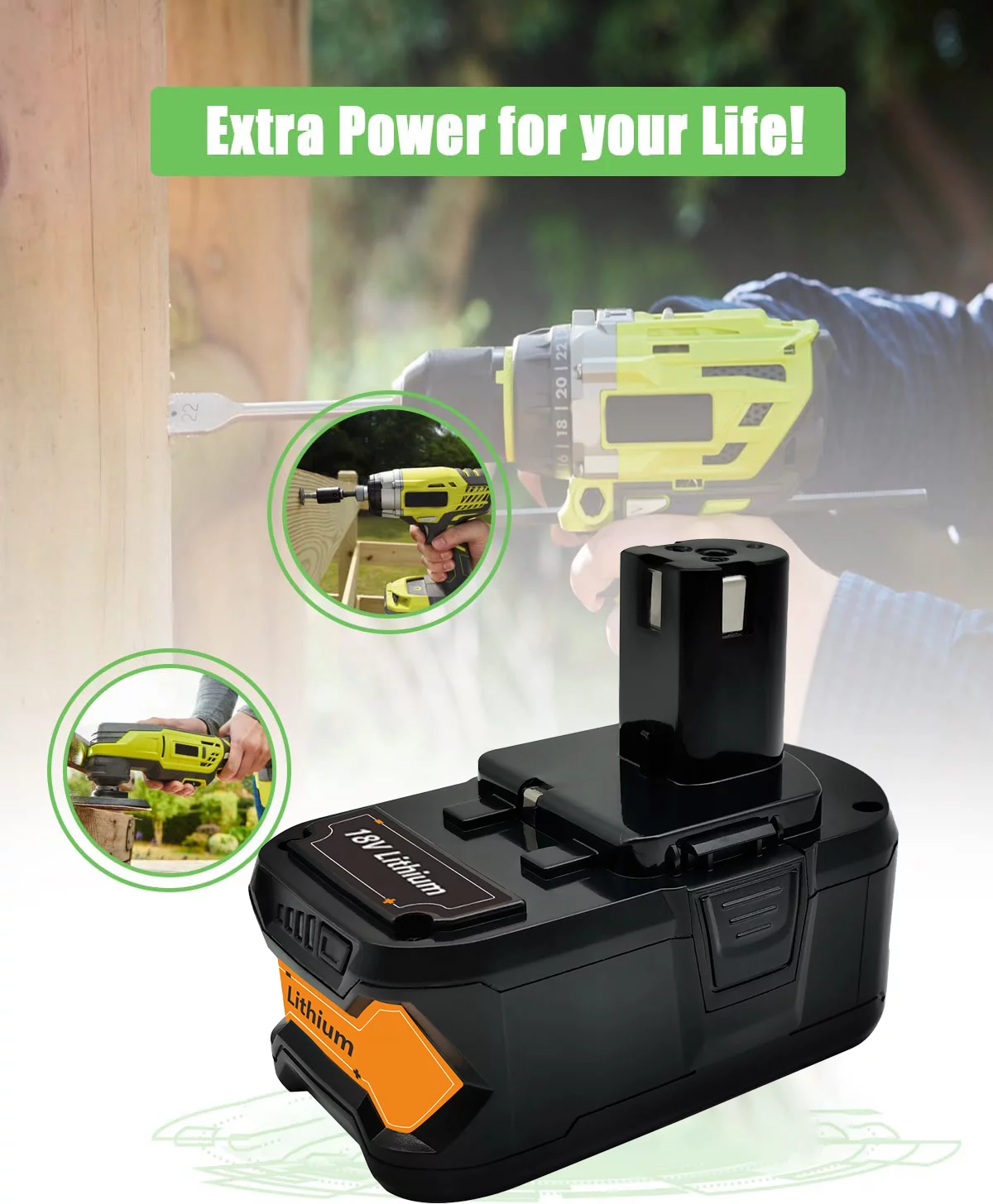 Mingsci For 18V 6500mAh Li-ion Black Replace for Ryobi Battery P108 P197 P190