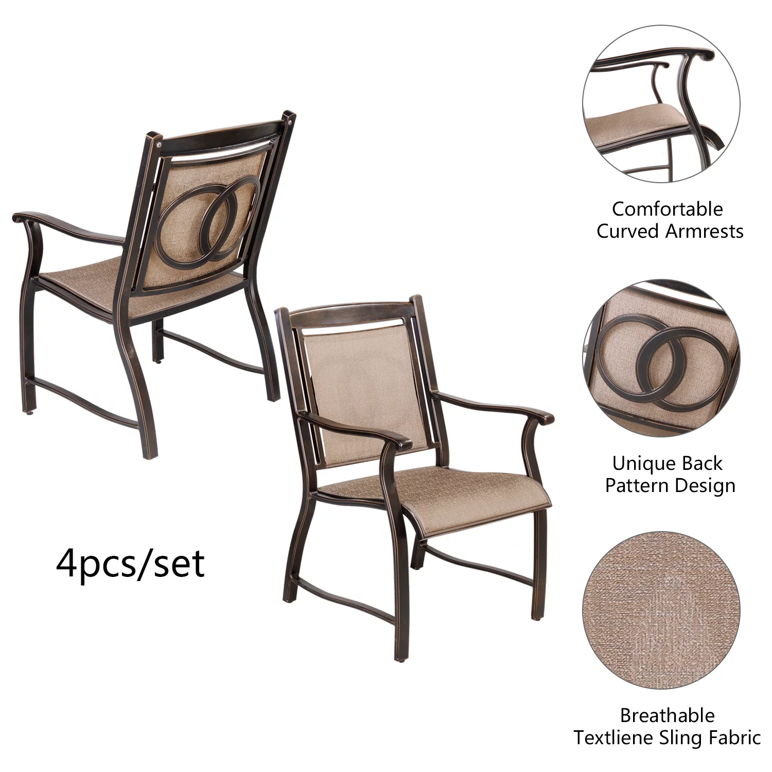 Metal Patio Dining Chairs Set of 4 with Armrests, Outdoor Bistro Chairs for Lawn, Garden, Backyard, Poolside