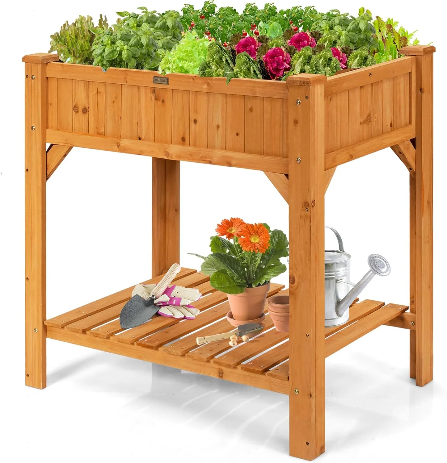 Raised Garden Bed, Elevated Planter Box Kit with 8 Grids & Liner for Herbs Vegetables Flowers, Outdoor Solid Fir Wood Planting Container with Legs & Storage Shelf for Backyard Patio (Natural)