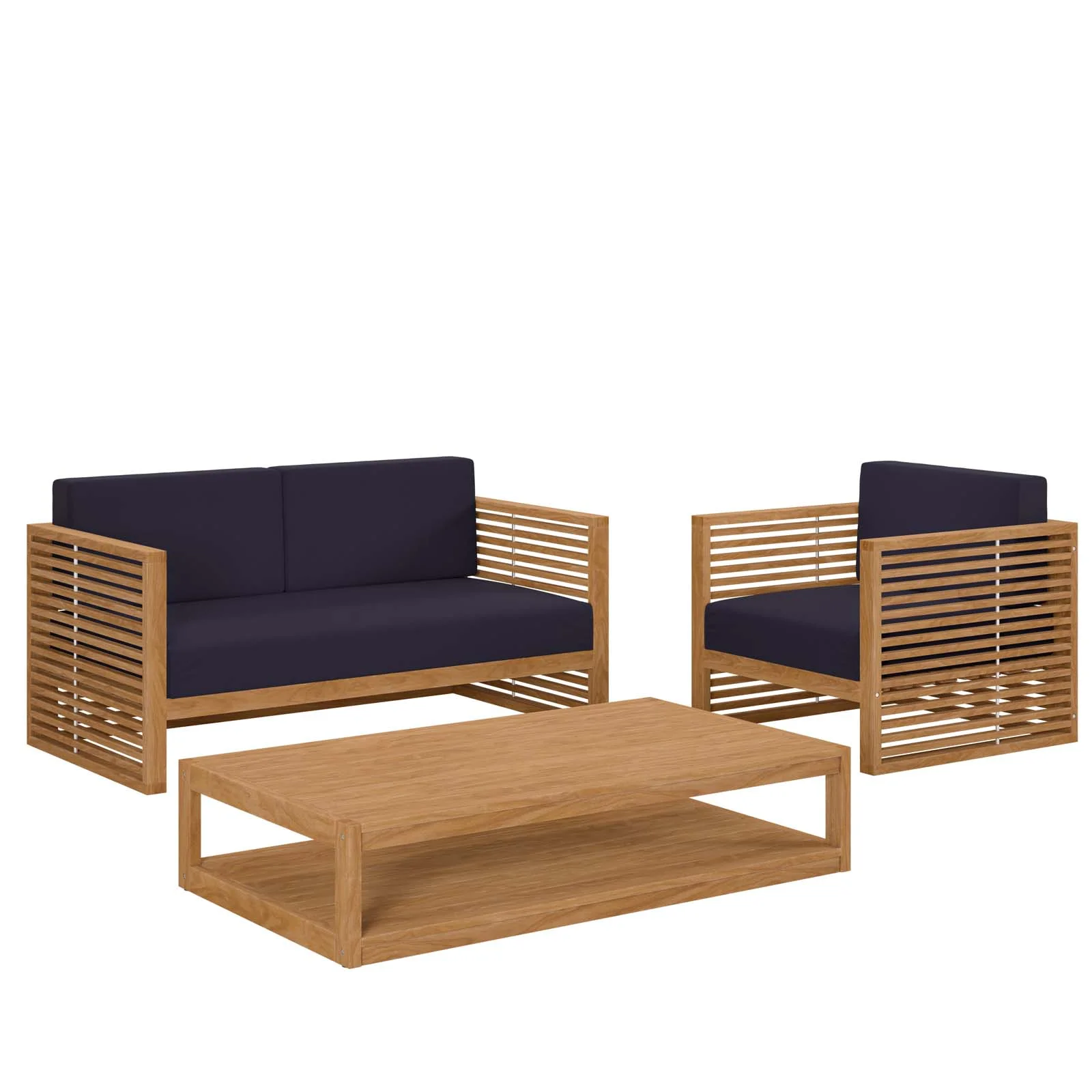 Modway Carlsbad 3-Piece Teak Wood Outdoor Patio Set in Natural Navy