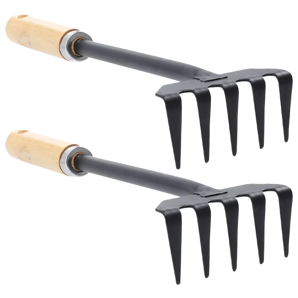 2Pcs Gardening Rake Small Hand Rake Iron Garden Rake Wood Handle Leaf Hand Rake Gardening Tool