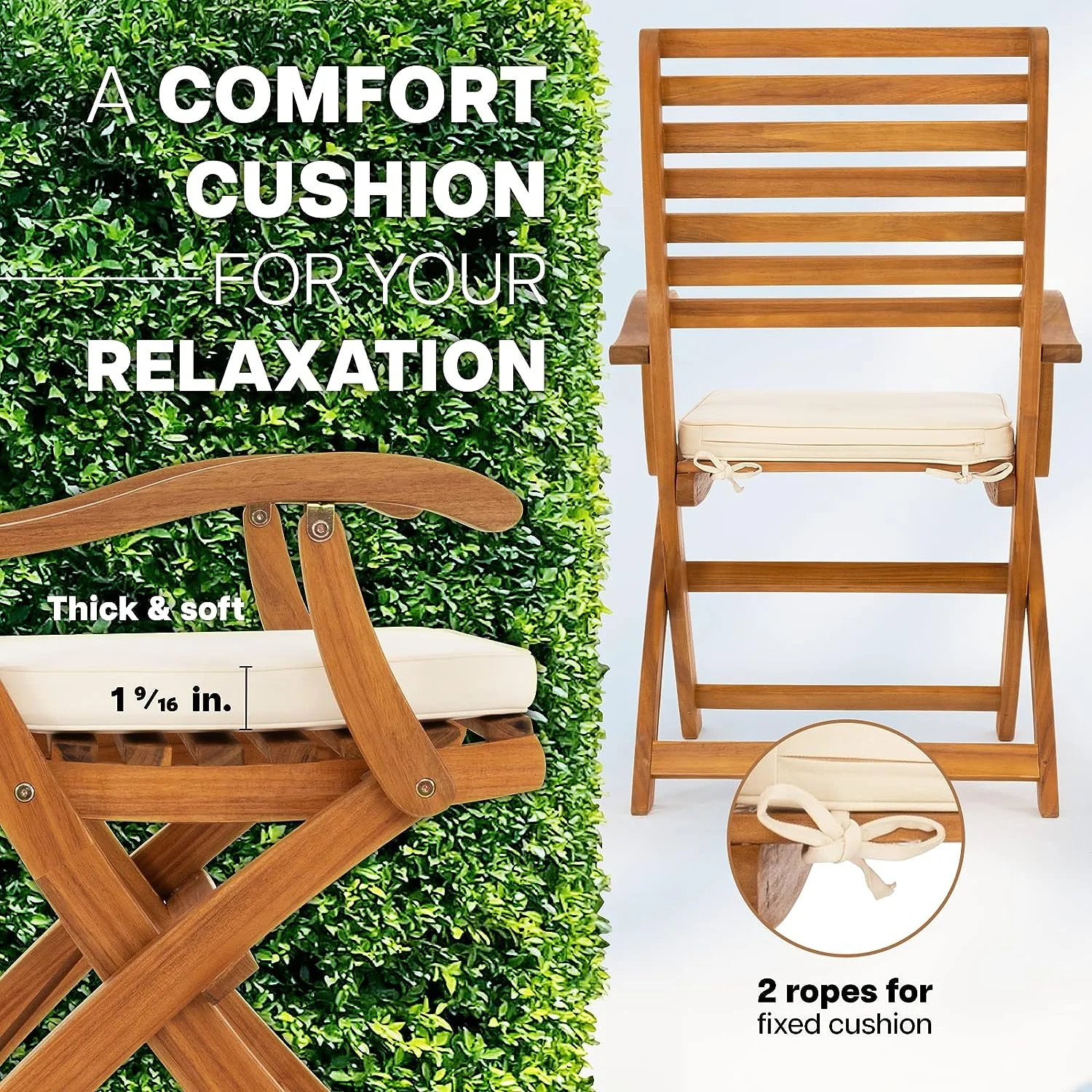 Idzo Percy Wood Folding Chairs Patio Set of 2 Premium Cushions - 400lbs Heavy Duty