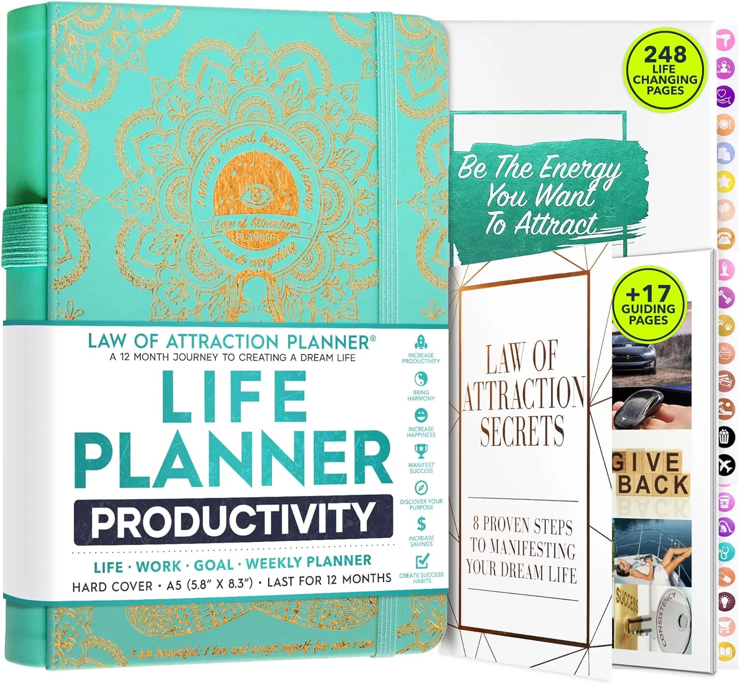 Law of Attraction Planner - Undated Deluxe Weekly, Monthly Planner, a 12 Month Journey to Increase Productivity & Happiness - Life Organizer, Gratitude Journal, and Stickers, A5