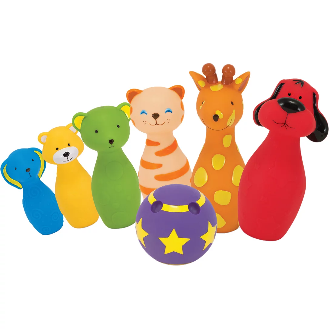 melissa & doug bowling friends preschool play set, 6-pin bowling game with carrying case (weighted bottoms, 7 pieces, 9