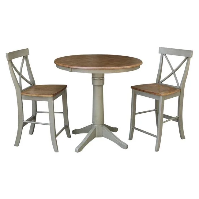 36 in. Round Extension Dining Table with 2 X Back Counter Height Stools, Hickory & Stone - Set of 3