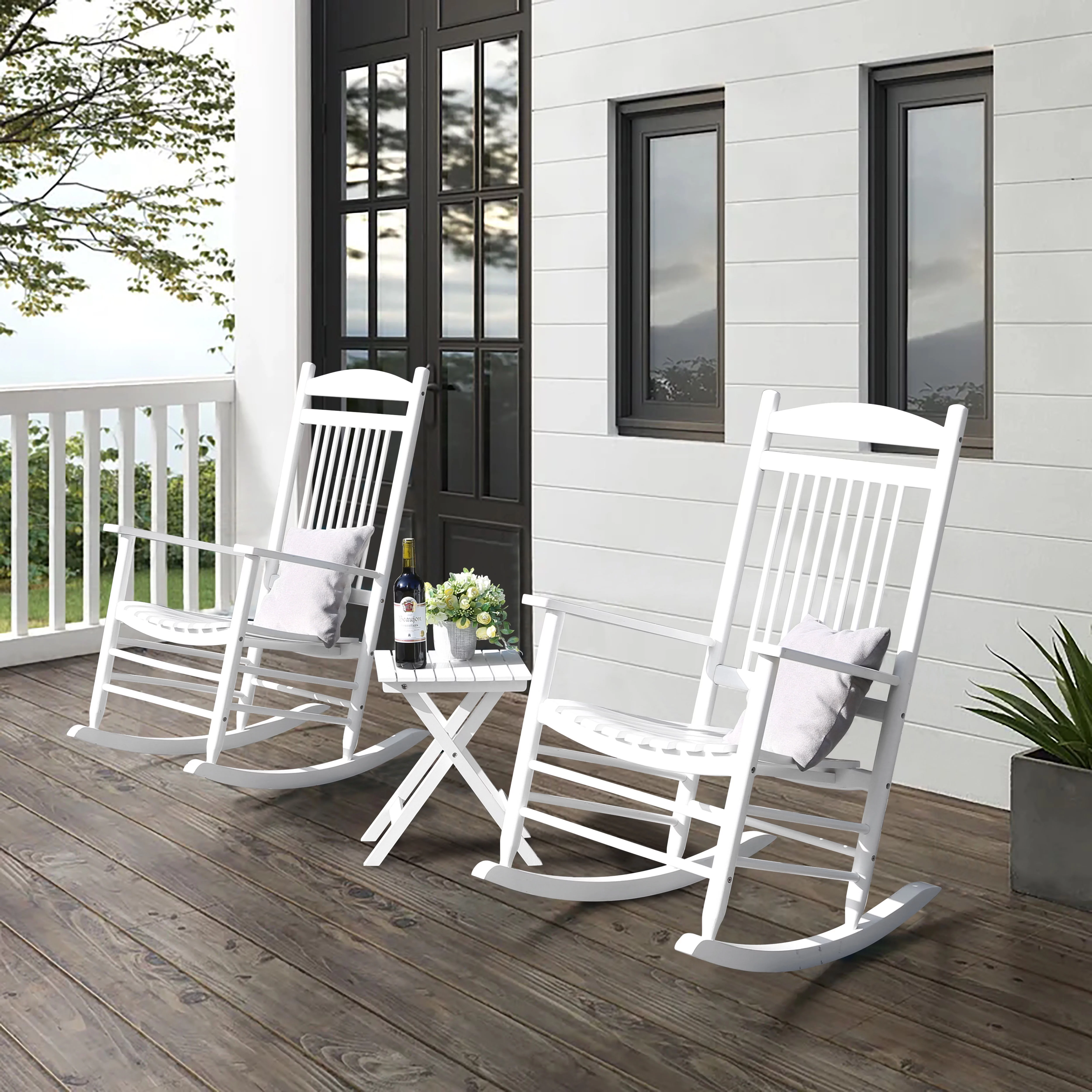 VEIKOUS Rocking Chair Set, Wood Porch Rocker Set w/Foldable Table Outdoor Indoor, White