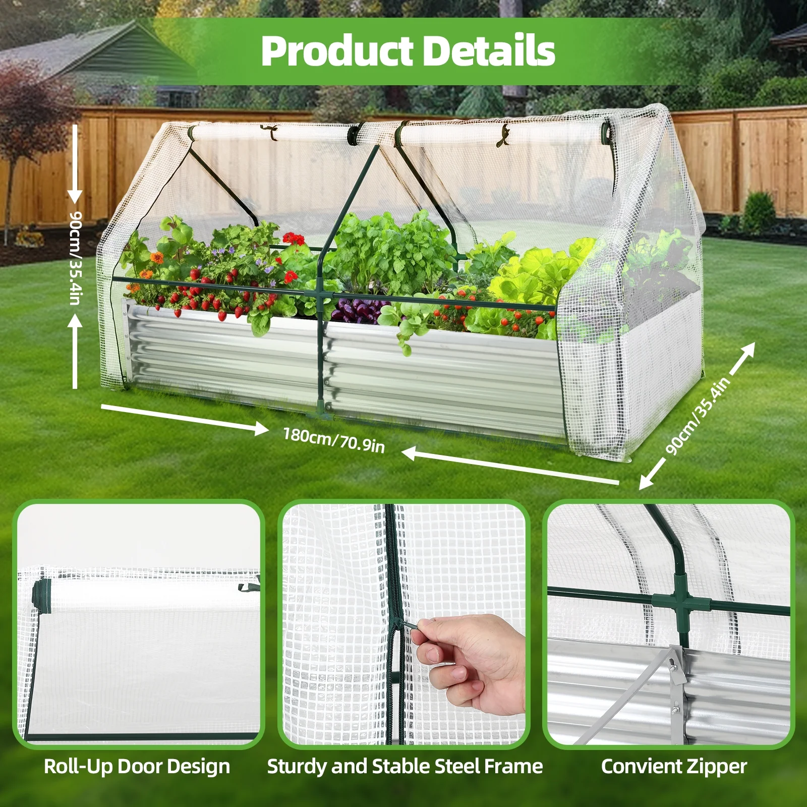 6x3x1ft Galvanized Raised Garden Bed with Cover Metal Planter Box Kit