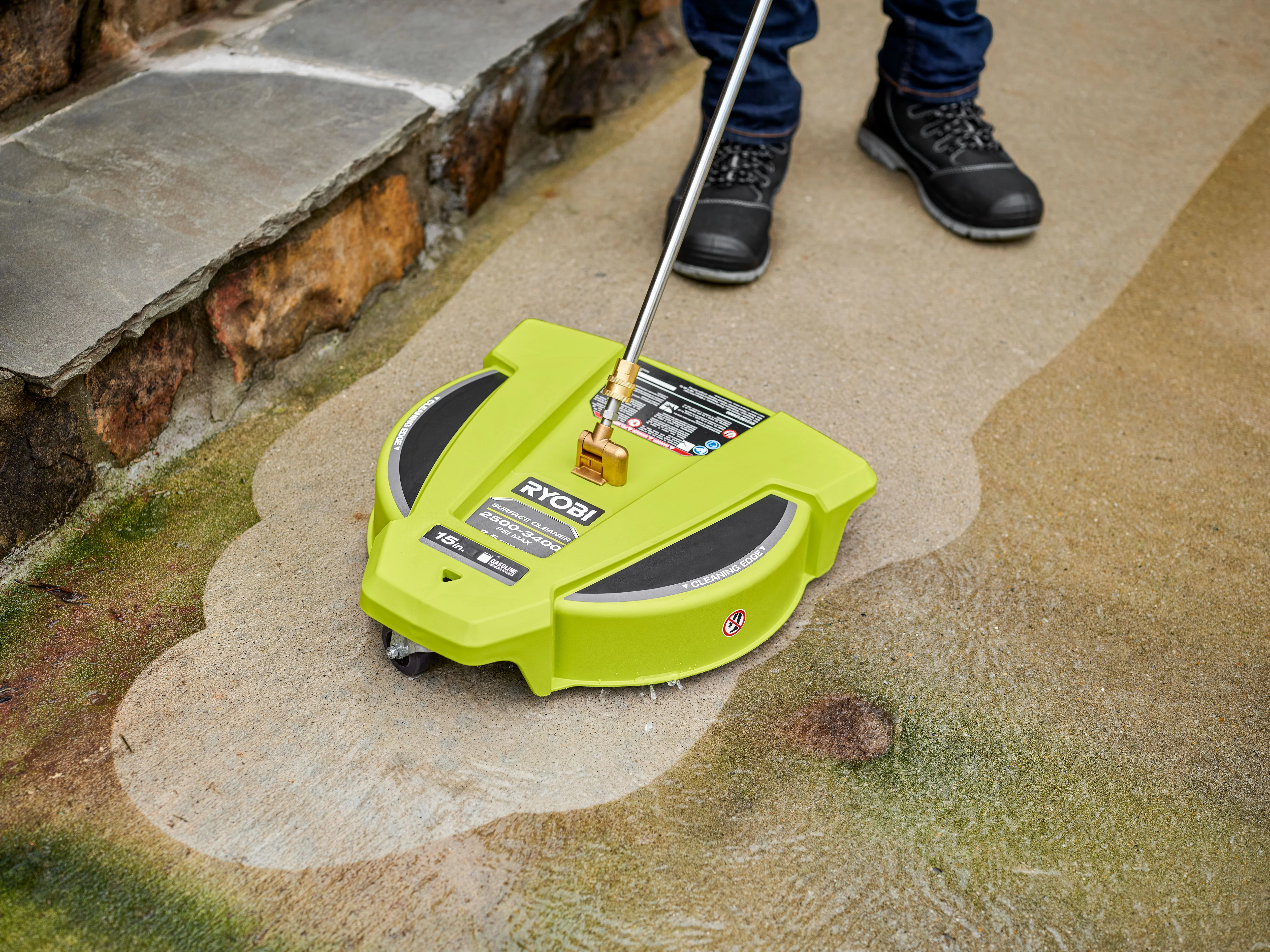 RYOBI 15 in. 3400 PSI Gas Pressure Washer Surface Cleaner with Caster Wheels RY31SC15