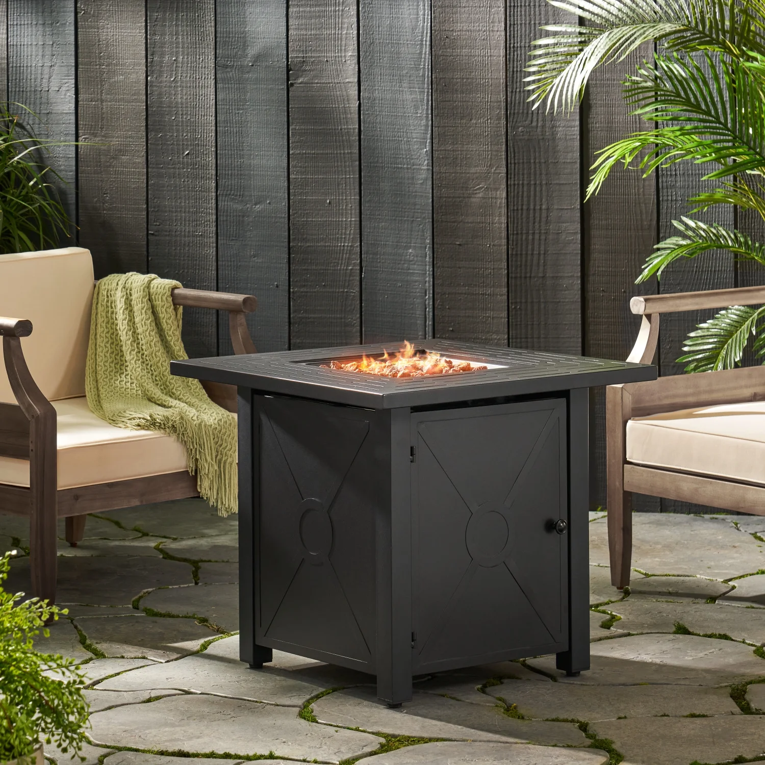 Modern Elwick Square 28” Iron Fire Pit with 40 000 BTU Tank Inside - Stylish Outdoor Patio Heater - Durable Steel Construction - Propane Gas Fire Pit for Cozy Evenings - Elegant Addition