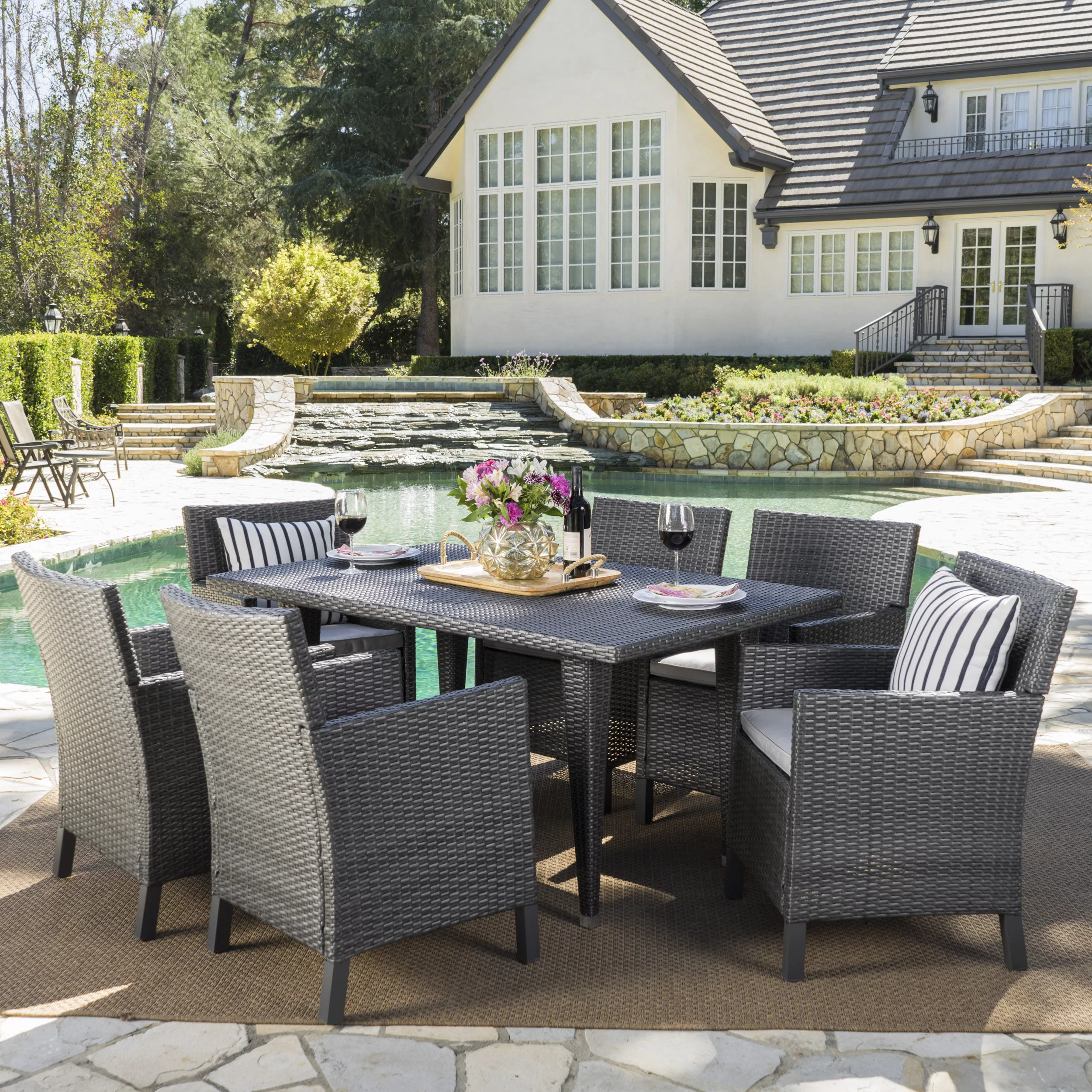 GDF Studio Landon Outdoor Wicker 7 Piece Dining Set with Cushion, Gray and Light Gray