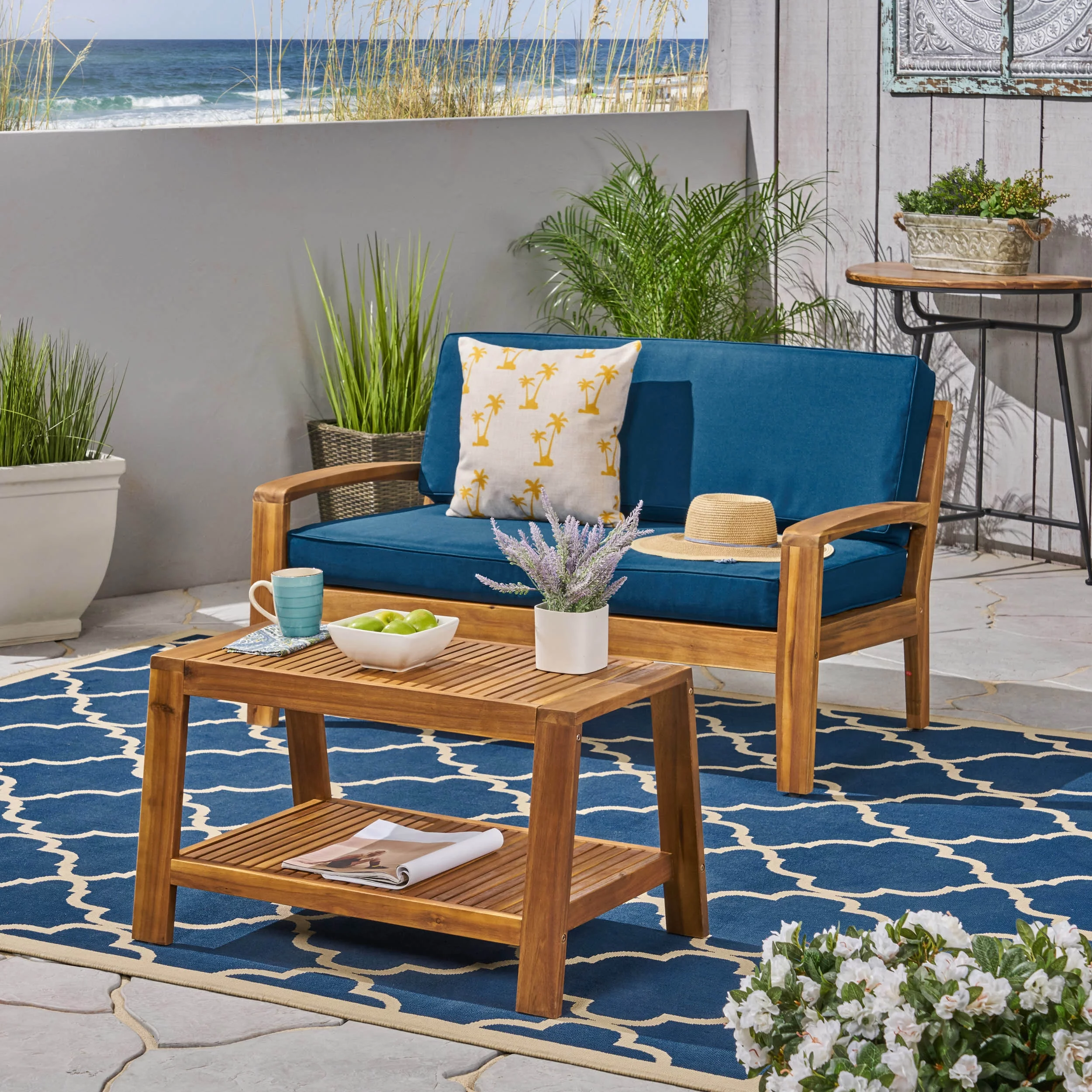 Parma Outdoor 2-Seater Acacia Wood Loveseat and Coffee Table Set, Teak and Teal