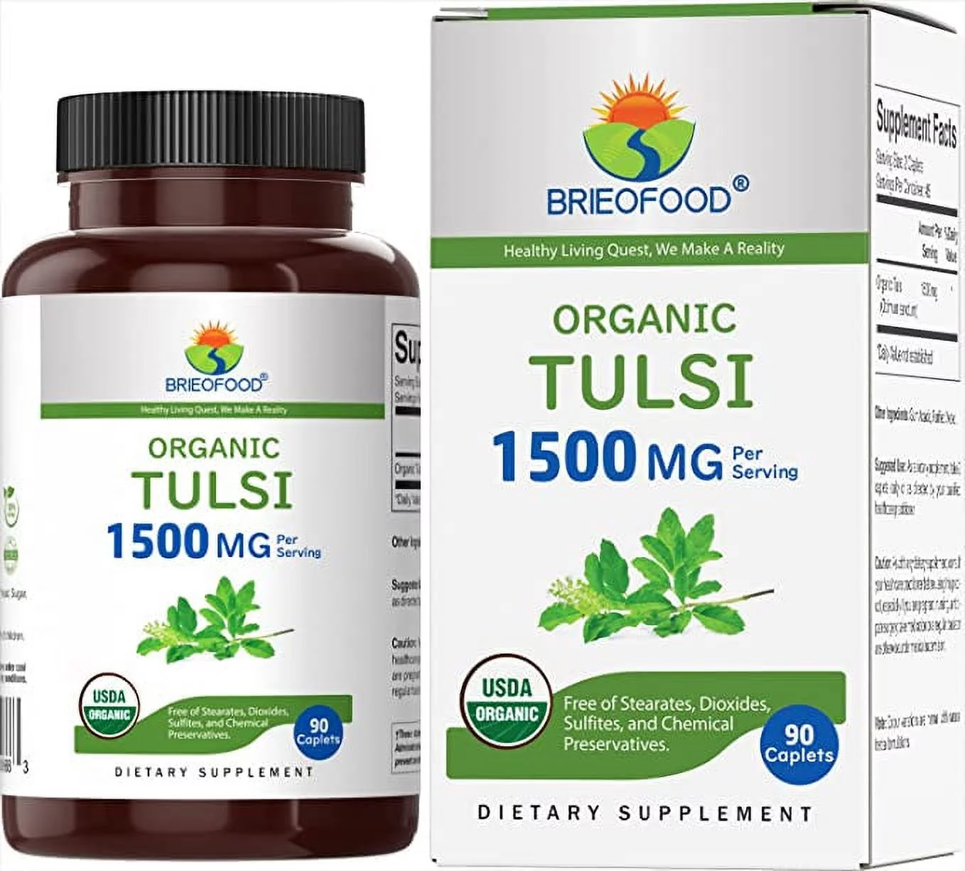 Brieofood Organic Tulsi 1500mg, 45 Servings, Vegetarian, Gluten Free, 90 Vegetarian Tablets