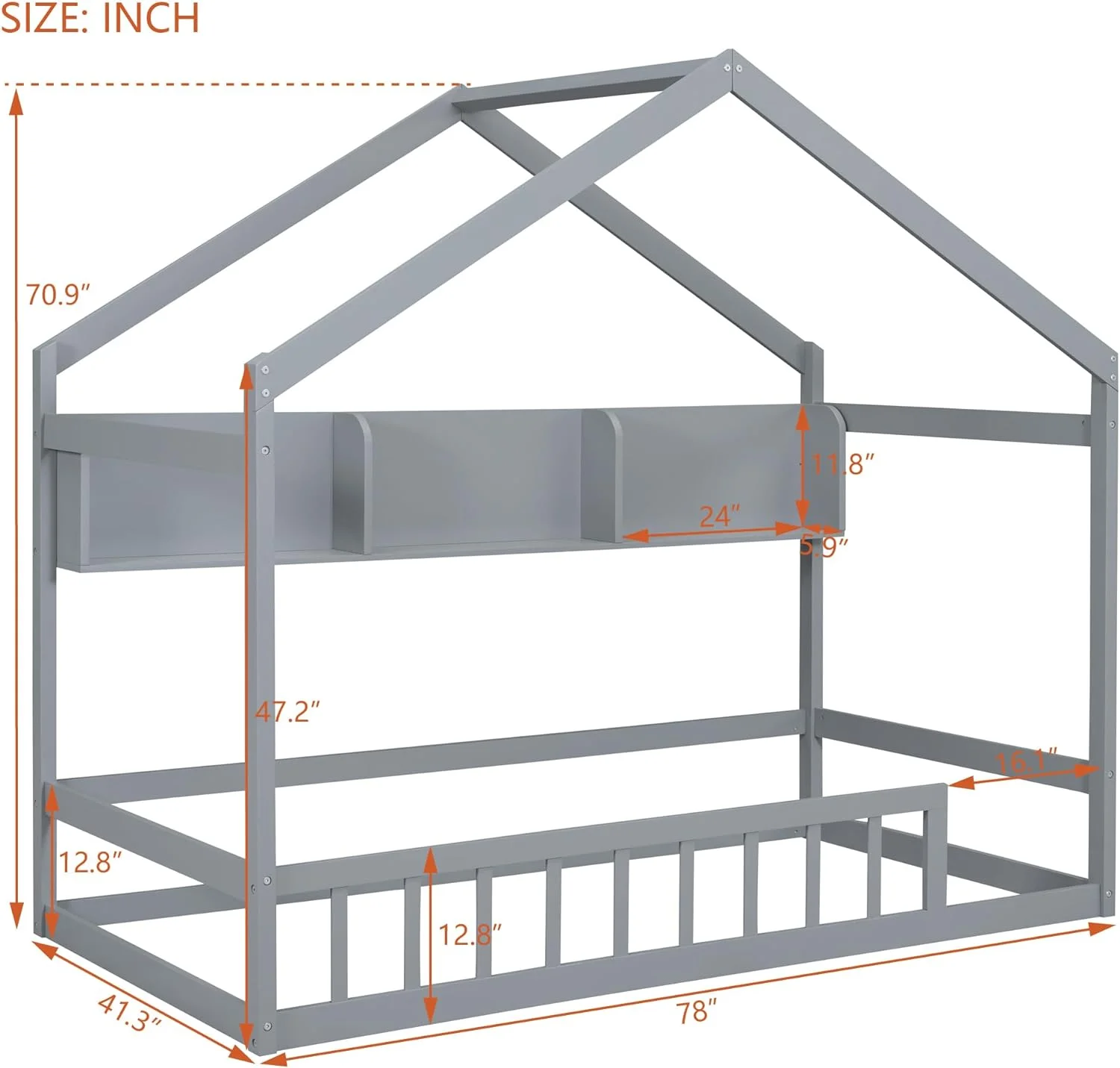 House Bed Twin Size Floor Bed with Fence Railings, Montessori Bed Frame with Storage Shelves, Wood Playhouse Beds for Kids Girls Boys, Gray