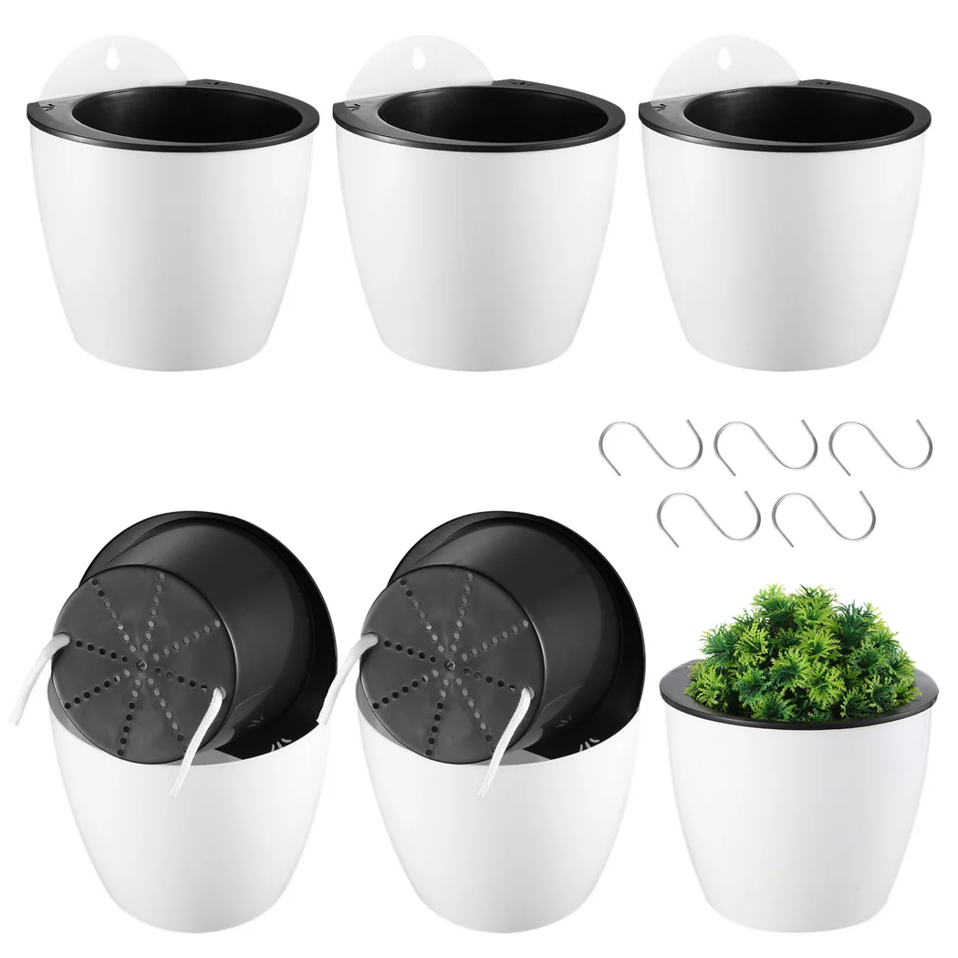 Self-Absorbing Flower Pot 5PCS with Hooks, Hanging Flower Pot, Self-Watering Flower Bucket, Automatic Watering Planter for Home Garden Wall Balcony Fence Office Cafe Indoor Outdoor