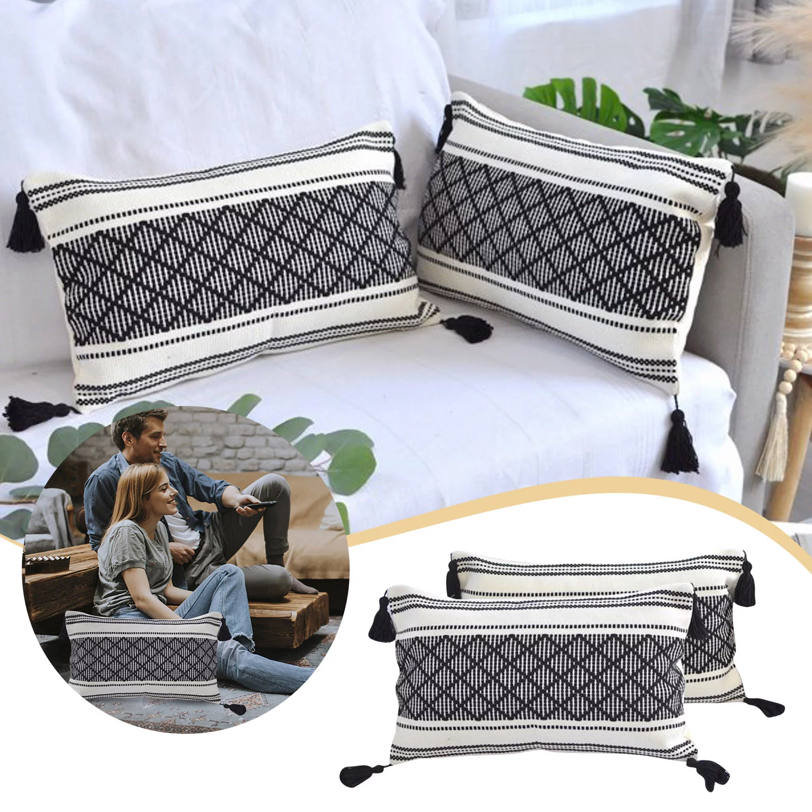 SIfdSeng Silk Pillow Cases Standard Size Pillow Cover with Tassels 12X20 Inches (Set of 2) Black | Decorative Rectangular Cushion Covers for Living Room Couch Sofa Chair | Farmhouse Woven Pillow Cases