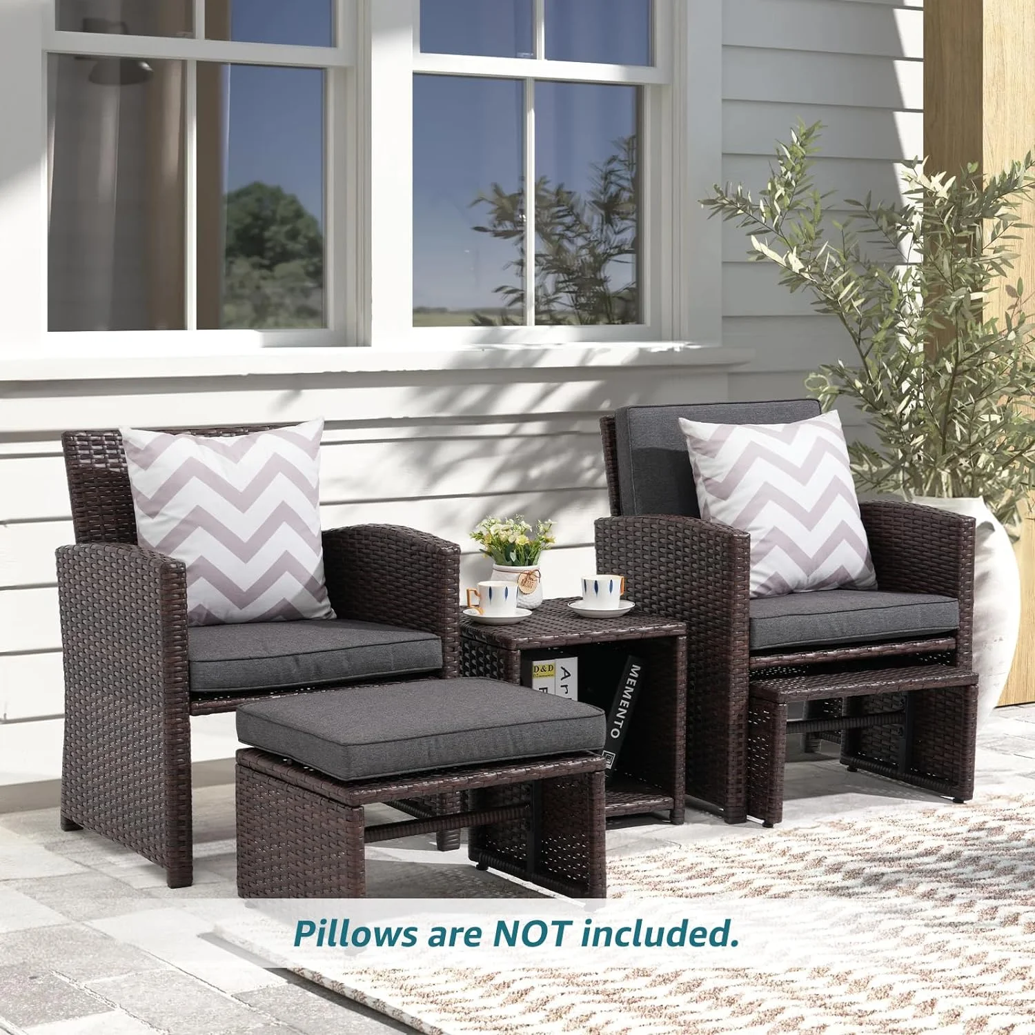 5 Pcs Patio Conversation Set Balcony Furniture Set with Cushions, Brown Wicker Chair with Ottoman, Storage Table for Backyard, Garden, Porch, Blue