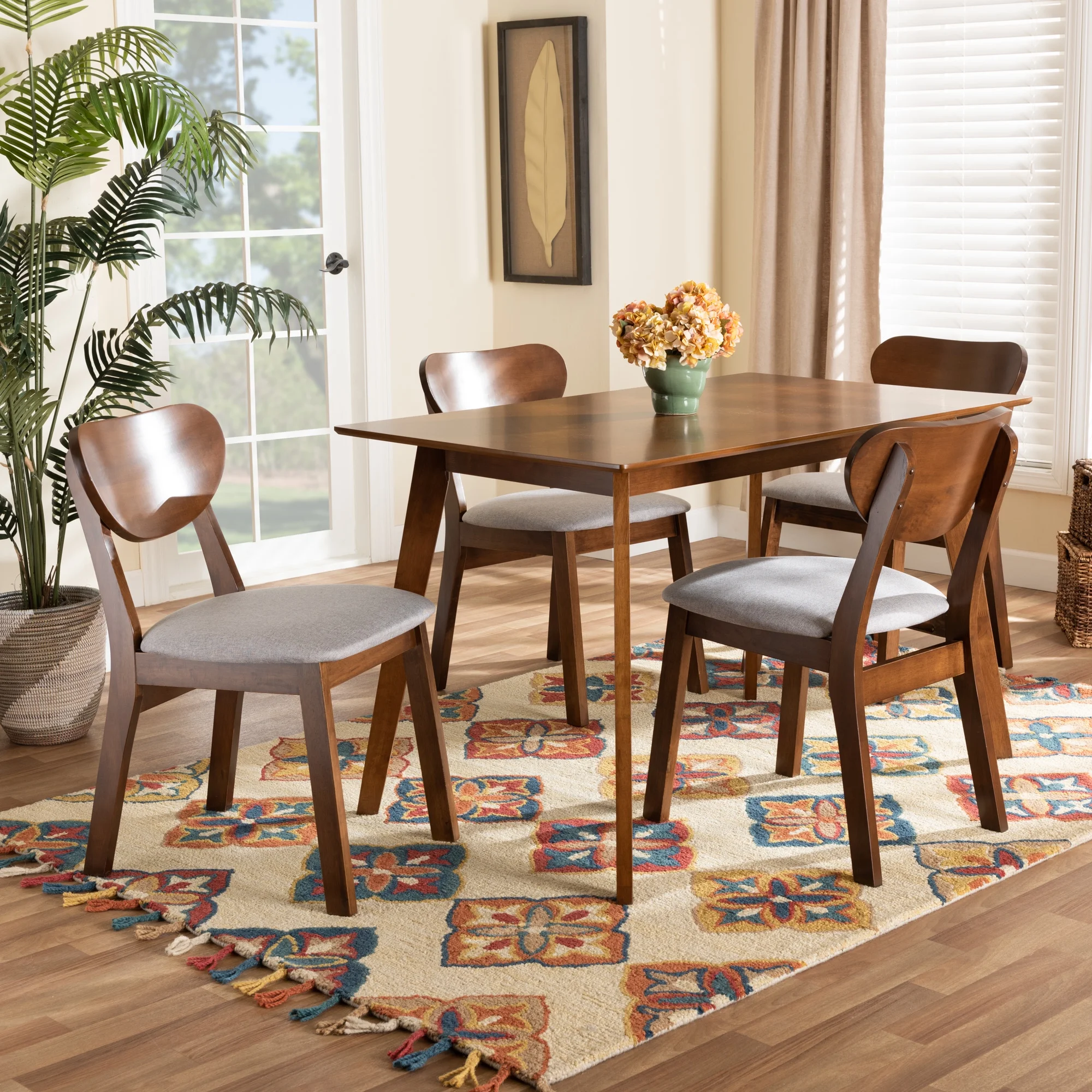 Baxton Studio Damara Mid-Century Modern Grey Fabric Upholstered and Walnut Brown Finished Wood 5-Piece Dining Set