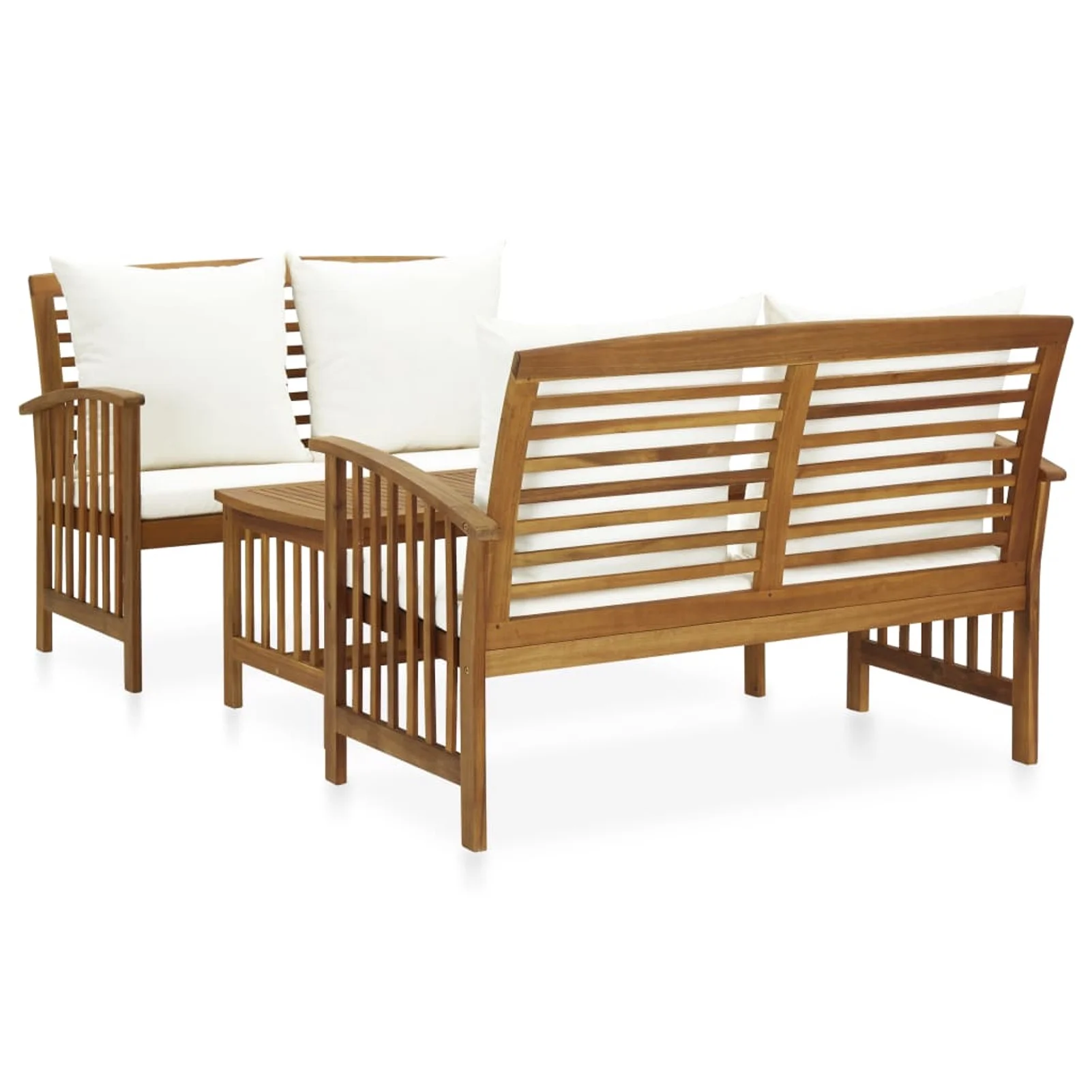 Dcenta 3 Piece Wooden Patio Lounge Set 2 Garden Bench and Coffee Side Table with Cream White Cushion Acacia Wood Sectional Outdoor Furniture Set for Patio, Backyard, Garden, Balcony