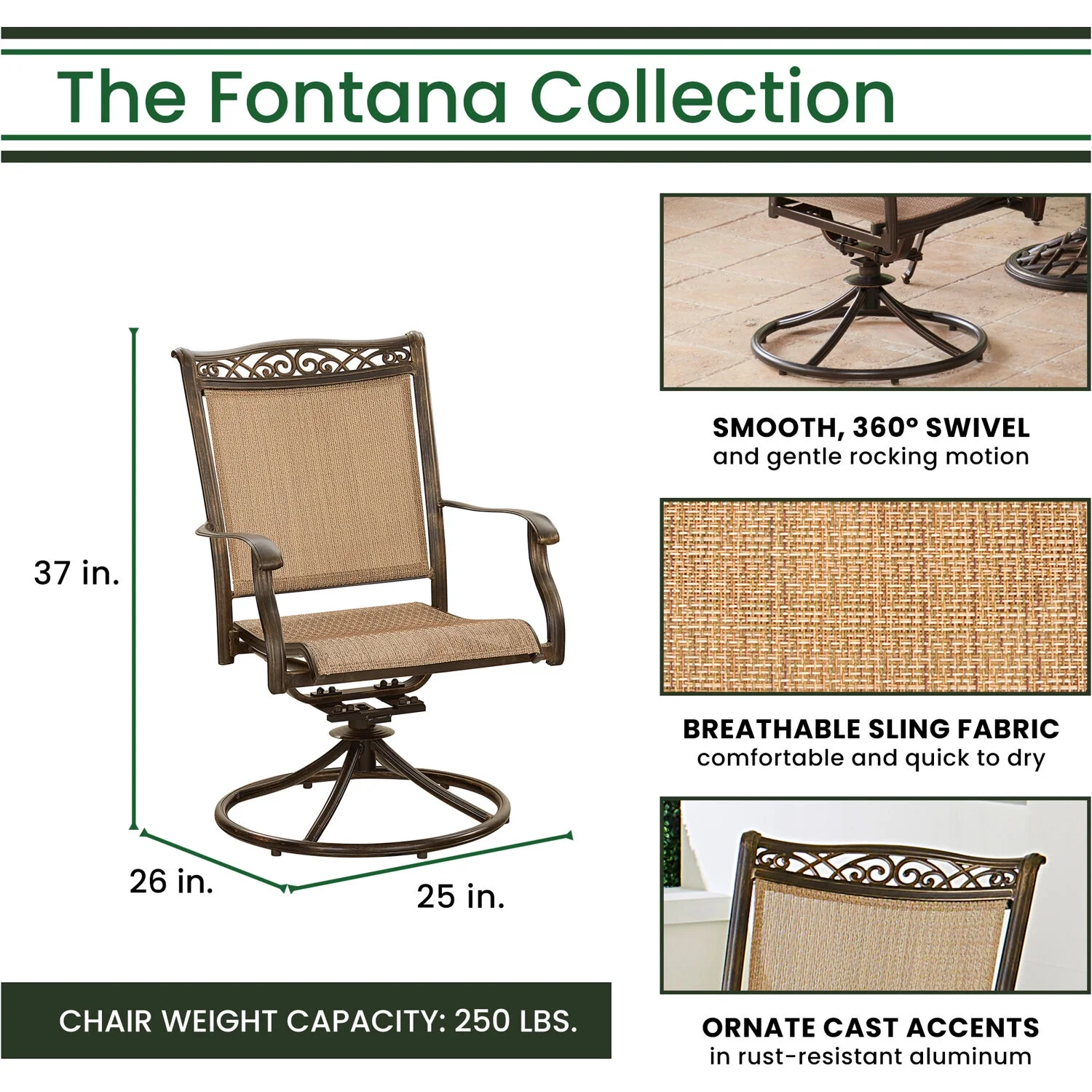 Hanover Fontana 7-Piece Outdoor Dining Set with 6 Sling Swivel Rockers and a 60-in. Tile-Top Table
