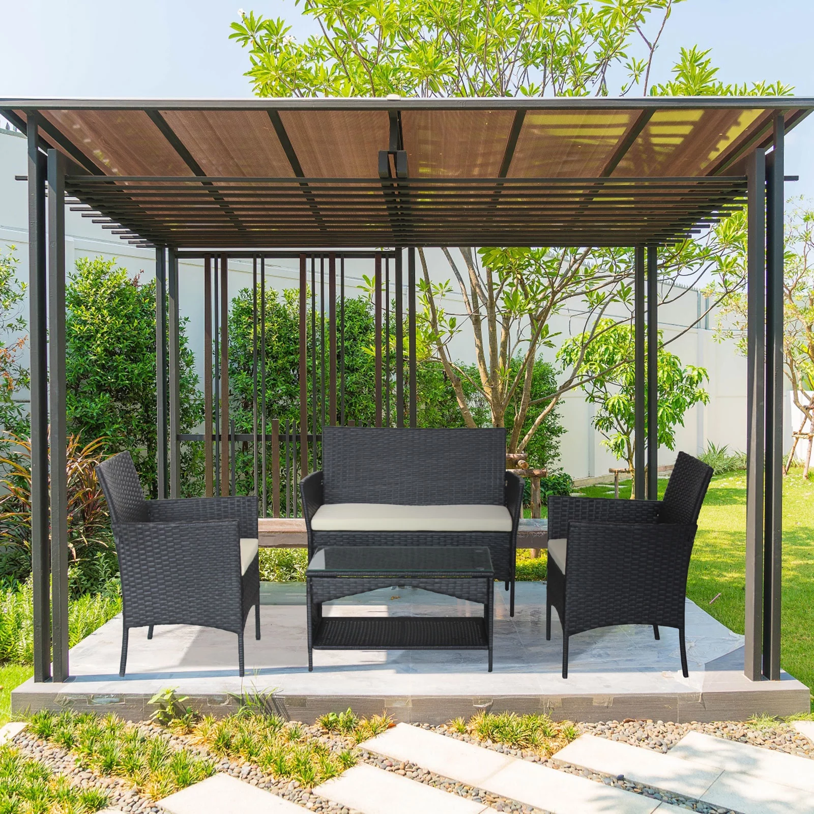 Dcenta Patio  rattan furniture -4 piece loveseat +2 armchair+coffie table for garden 4 PC Garden Patio Furniture ---------White cushion