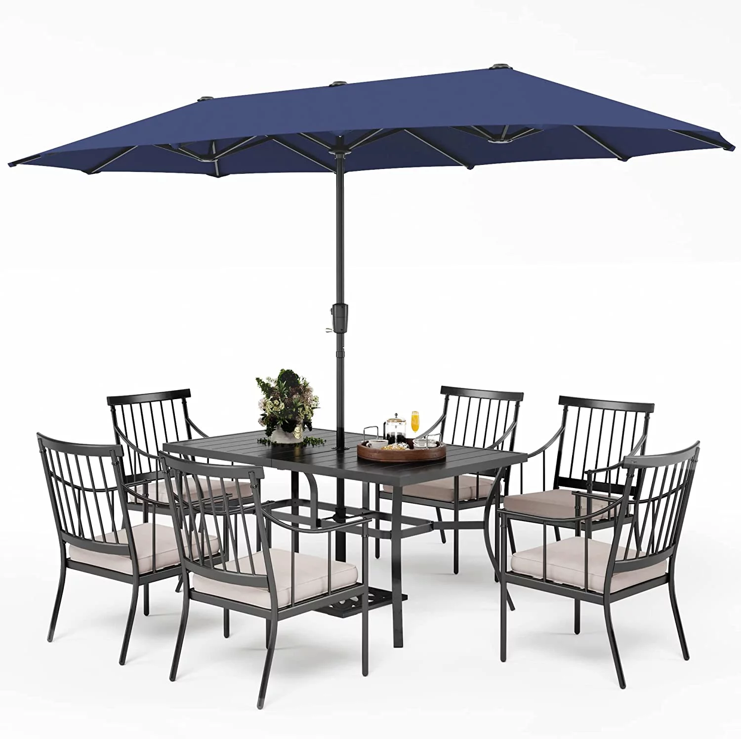 VILLA 5 Piece Outdoor Dining Set with 10ft Umbrella  37" Square Metal Dining Table & 4 Cushioned Metal Chairs & 3-Tier Beige Umbrella for Patio  Deck  Yard  Porch