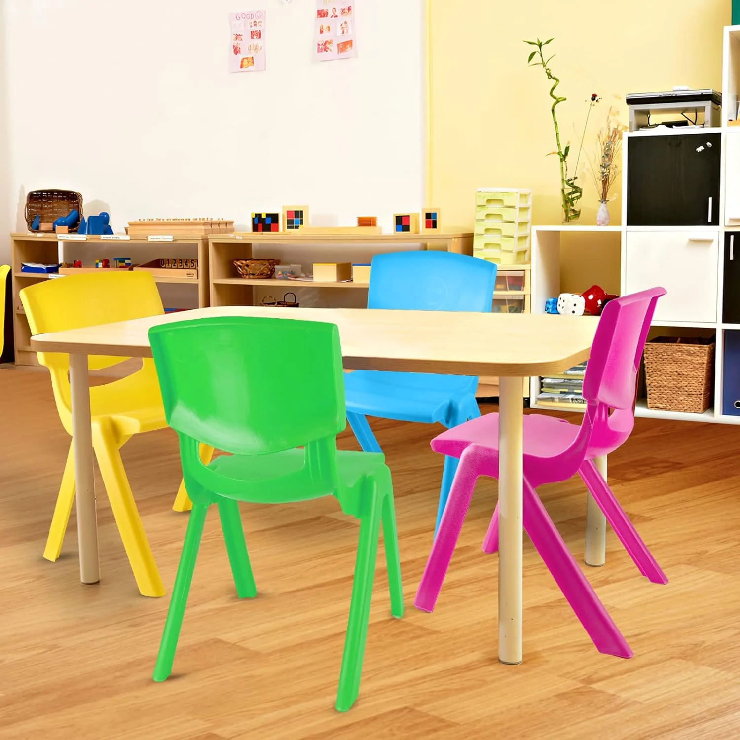 4 Pieces Colorful Stackable School Chairs Plastic Classroom Stack Chairs 11 Inch Seat Height Stacking Chair Sets for Home School Playroom Office Supplies Daycare Preschool Learning (Light Color)