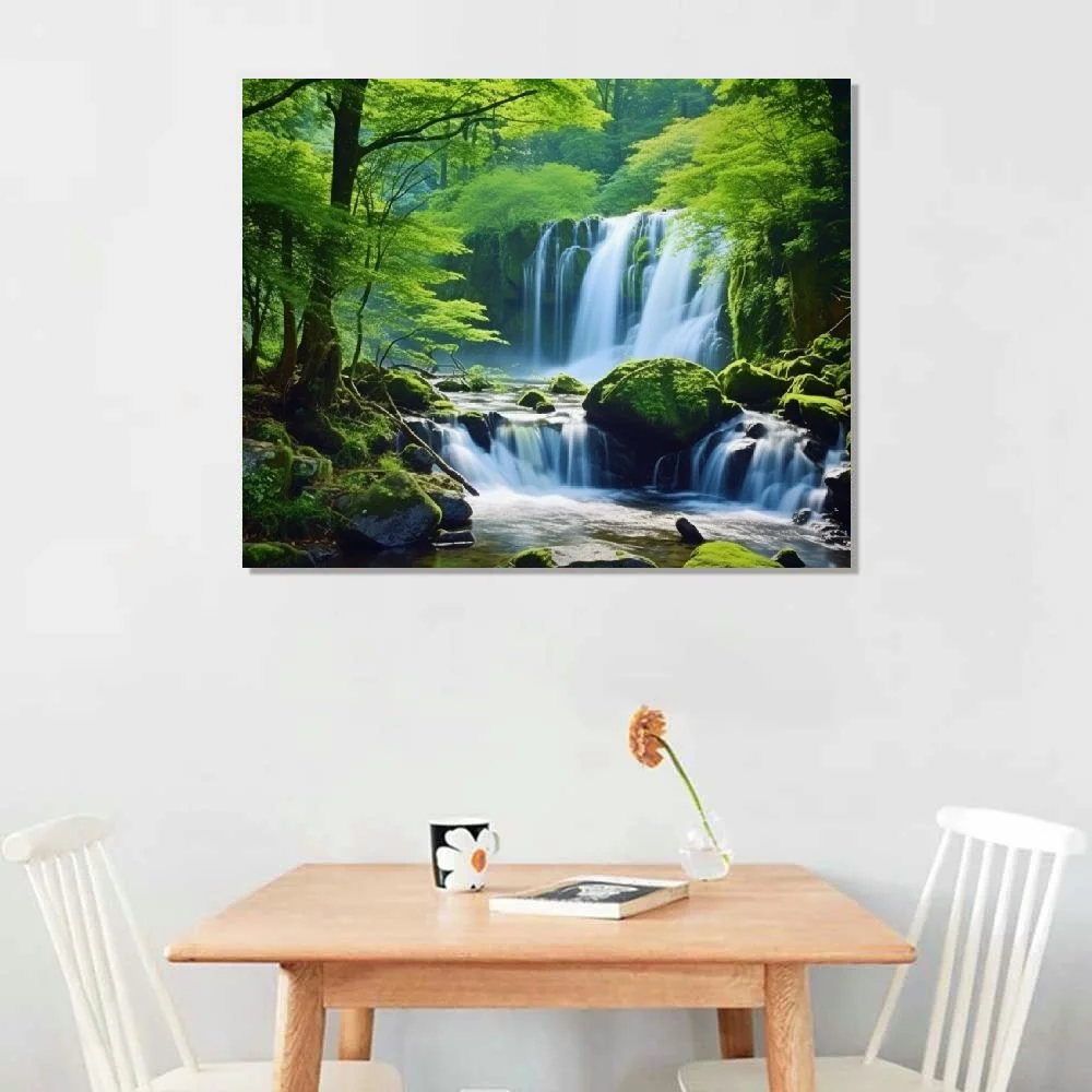 PRATYUS Green Forest Canvas Wall Art Waterfall Pictures Wall Decor Green Nature Landscape Canvas Painting Calming Nature Scene Canvas Print Artwork for Living Room Bedroom Home Wall Decor 20x16 Inch
