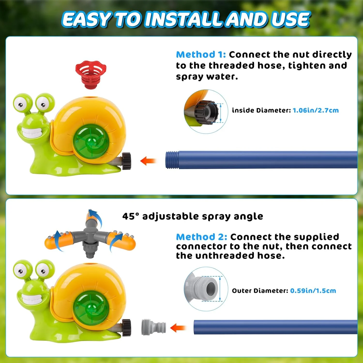 Water Sprinkler Baseball Toy for Kids Outdoor Play, 2 in 1 Snail Summer Water Game with 2 Sprinkler Heads, 360° Roating Spray Water Baseball