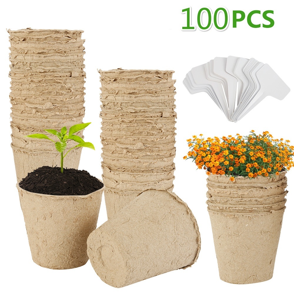 KINGLAKE 100/50 Pcs Biodegradable Fibre Seed Pots for Seedling with 100/50 Pcs Plastic Plant labels 6 * 6cm /8 * 8 cm