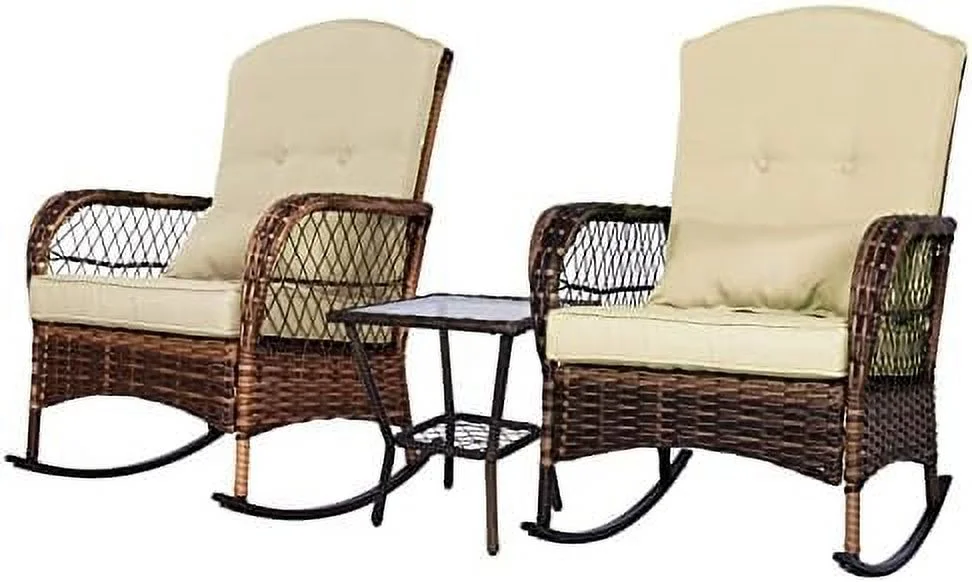 RSJIWOGZ 3 Pieces Outdoor Wicker Patio  Set PE Rattan Wicker Rocking Chairs with Thickened Cushion Modern  with Glass-Top Coffee Table for Garden  Pool  Backyard (Blue)