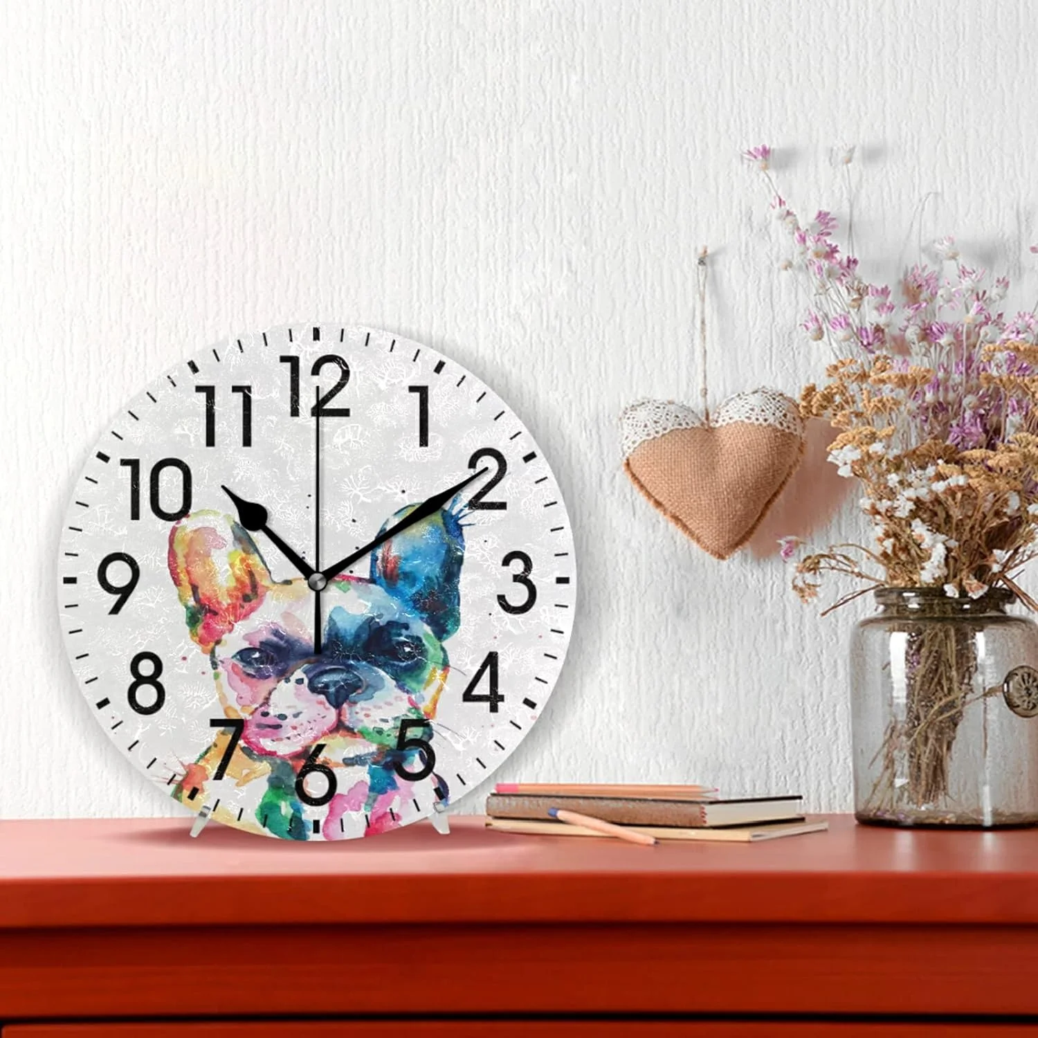 GZHJMY Home Decor Watercolor French Bulldog 9.5 inch Round PVC Acrylic Wall Clock Non Ticking Silent Clock Art for Living Room Kitchen Bedroom(Black Pointer)