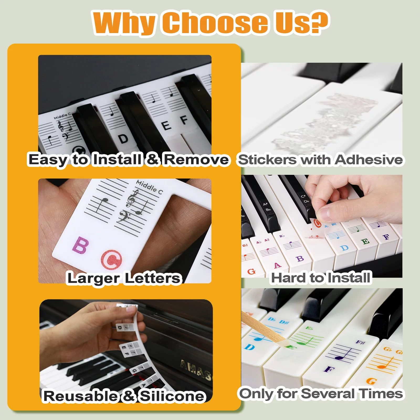 Piano Notes Guide for Beginner, Removable Piano Keyboard Note Labels for Learning, 88-Key Full Size, Made of Silicone, No Need Stickers, Reusable and Comes with Box (Rainbow Colors）