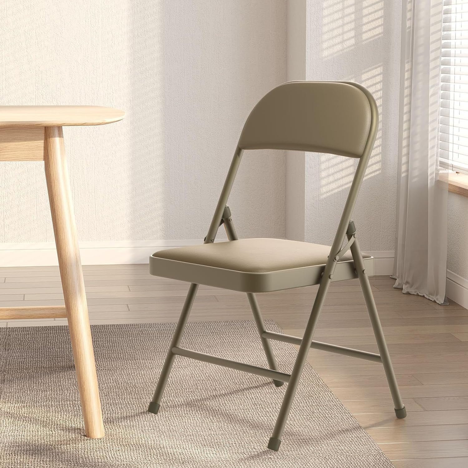 FETON 2 Pack Folding Chairs with Padded Cushion and Back, Khaki Metal Chairs for Home and Office, for Indoor and Outdoor Events (Kahki, 2 Pack)