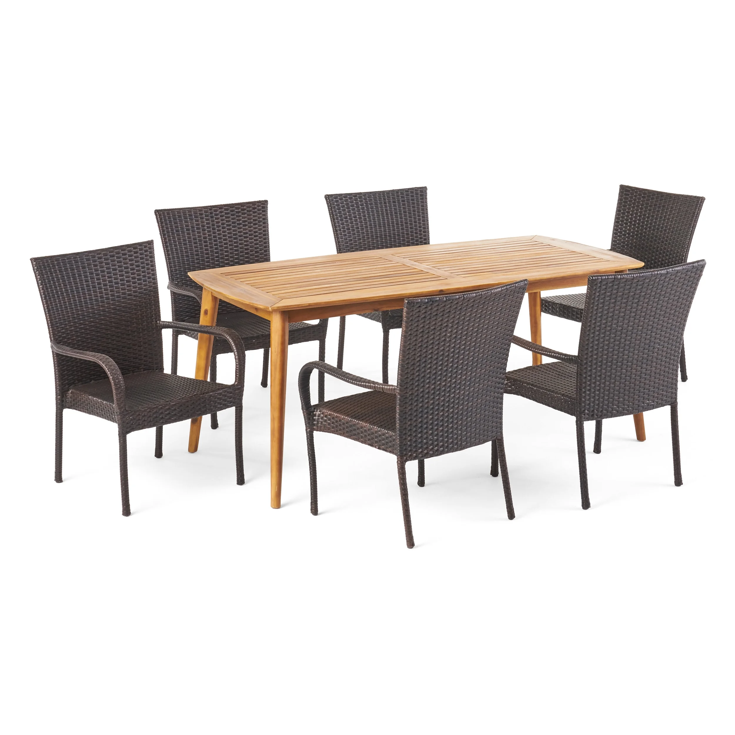 GDF Studio Hartford Outdoor Wicker and Acacia Wood 7 Piece Dining Set, Multibrown and Teak
