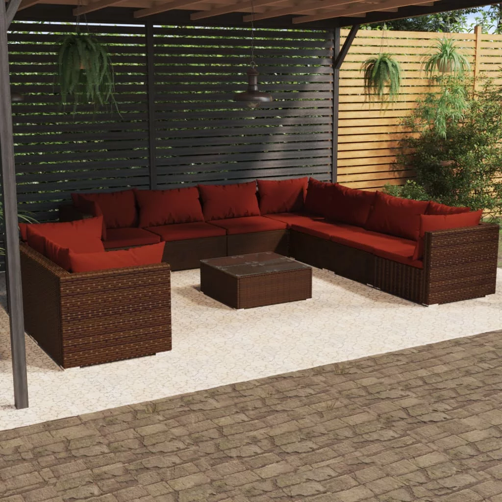 Anself 10 Piece Patio Set with Cushions Brown Poly Rattan