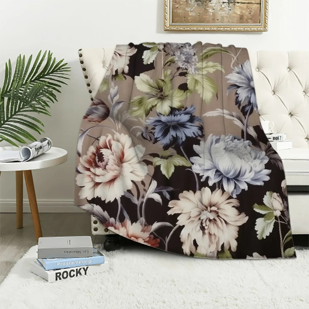 MAXIAO  Flowers Throw Blanket Vintage Floral Blossom Botanical Spring Cosy Throw Blanket for Bedroom Sofa Couch Car Deck Chair Soft Flannel White