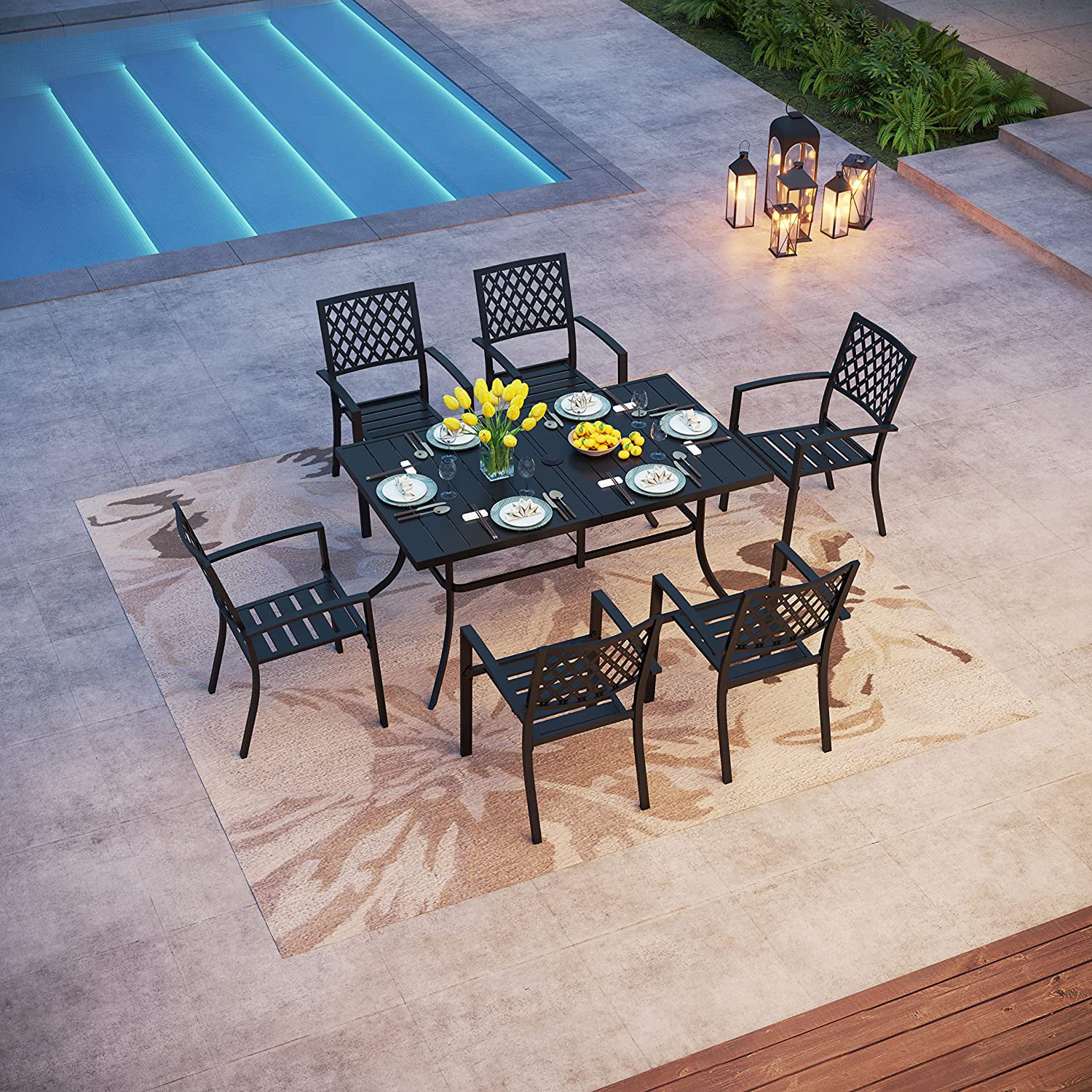 VILLA Patio Dining Set 7 Pcs 1 Metal Dining Table and 6 Patio Stackable Chairs for Outdoor Backyard Bistro Furniture Set