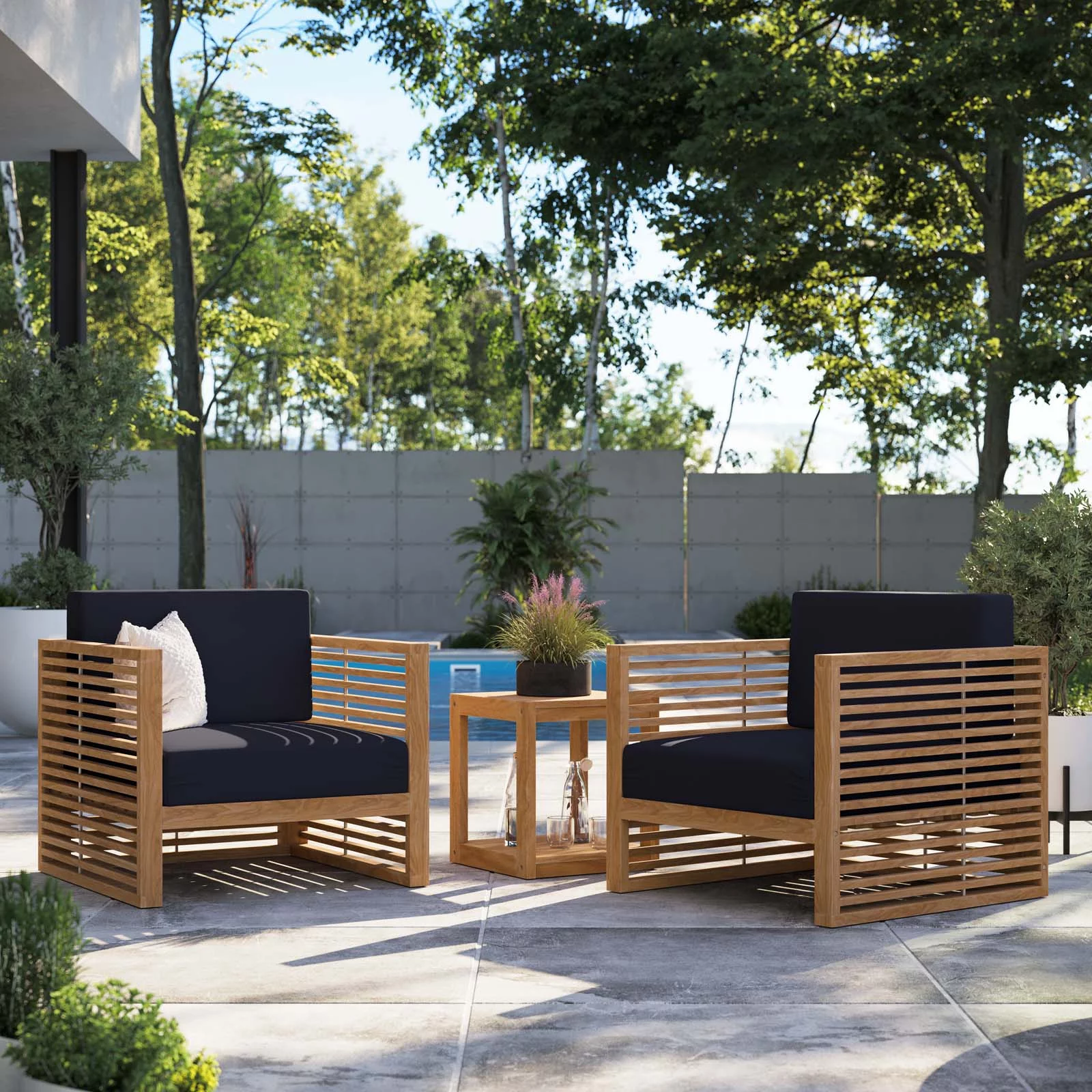 Modway Carlsbad 3-Piece Teak Wood Outdoor Patio Set in Natural Navy