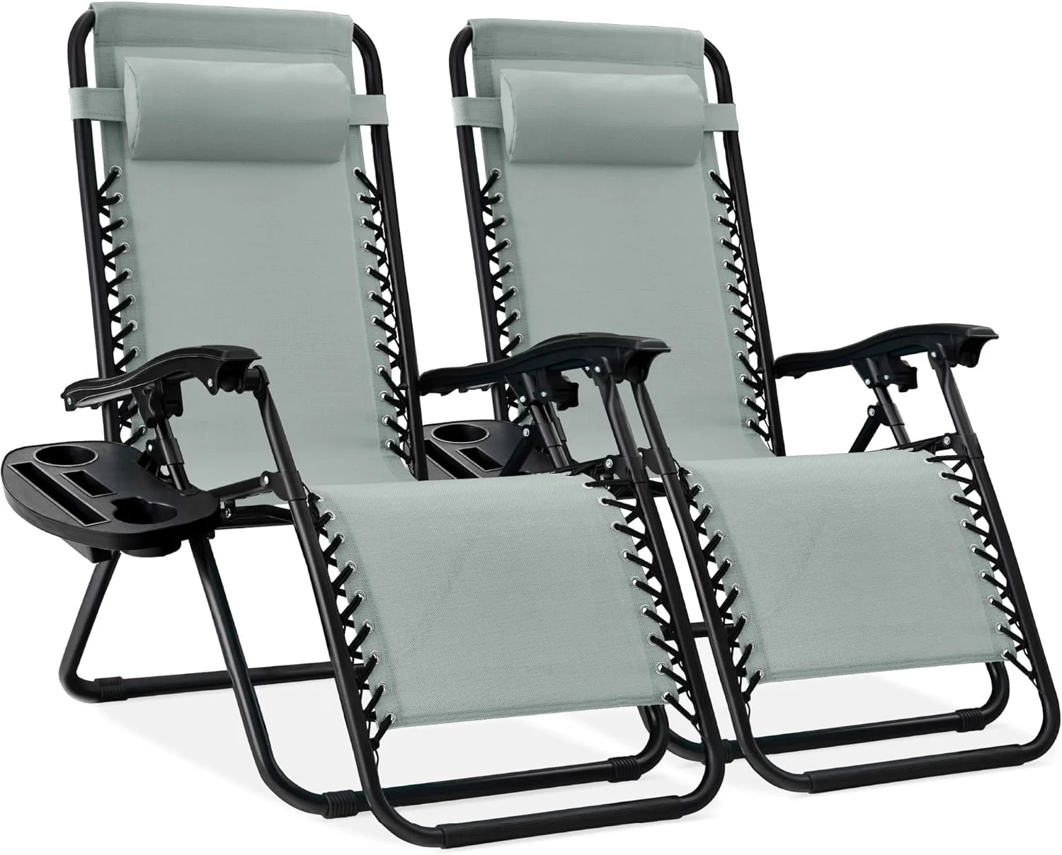 Set of 2 Adjustable Steel Mesh Zero Gravity Lounge Chair Recliners w/Pillows and Cup Holder Trays - Stardew