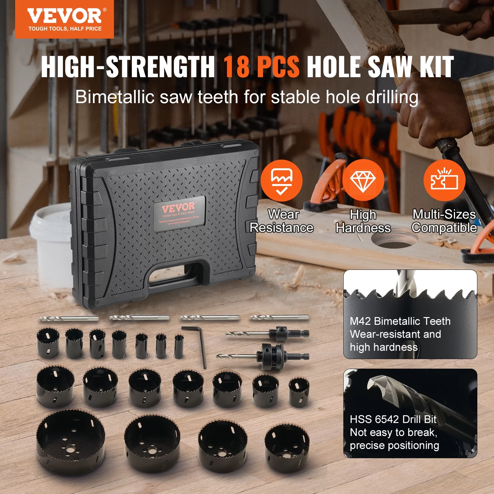 BENTISM Bi-Metal Hole Saw Kit, 11 PCS Saw Blades, 2 Drill Bits, 1 Hex Wrench, Bi Metal M42 Hole Saw Set with Carrying Case, General Purpose Size from 3/4