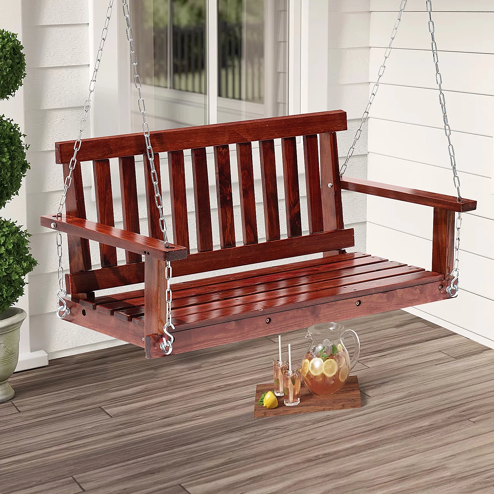 Dkelincs 48 inch Wood Outdoor Hanging Porch Swing Bench with Armrest and Chains 800 lbs Weight Capacity, Brown
