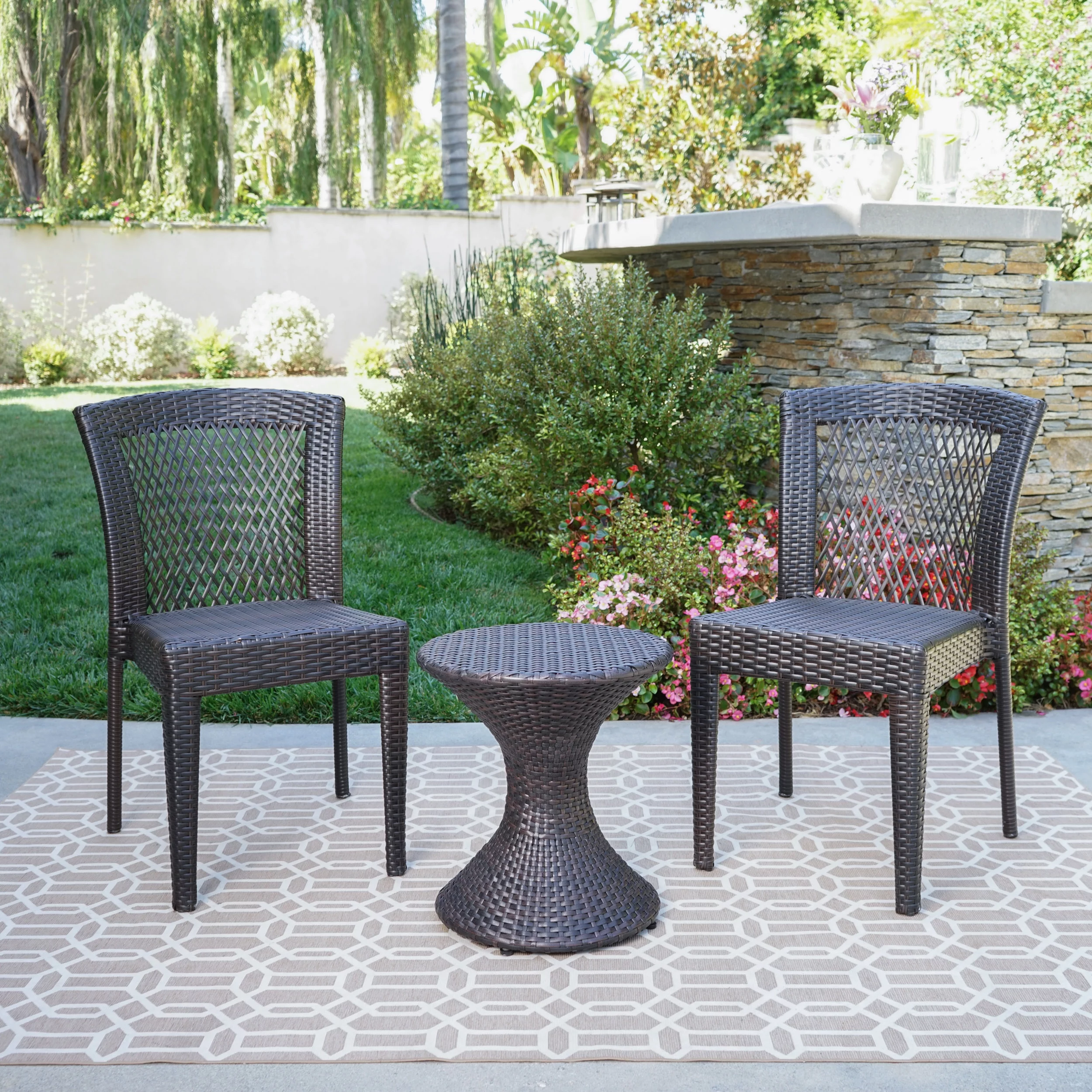 Rigby Outdoor 3 Piece Wicker Chat Set with Stacking Chairs and Hourglass Side Table, Multibrown