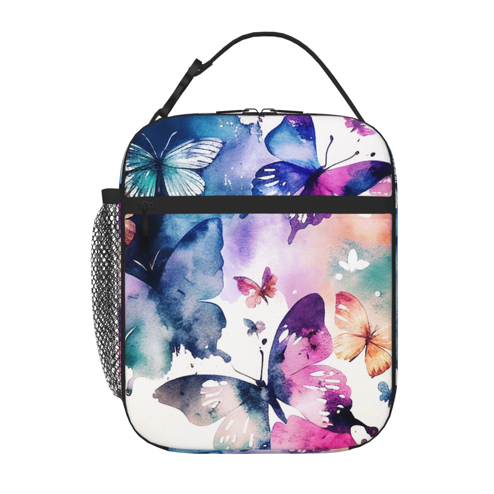 TEQUAN Portable Lunch Bag, Pink Watercolor Butterfly Pattern Reusable Insulated Lunch Box for Travel Work School Picnic