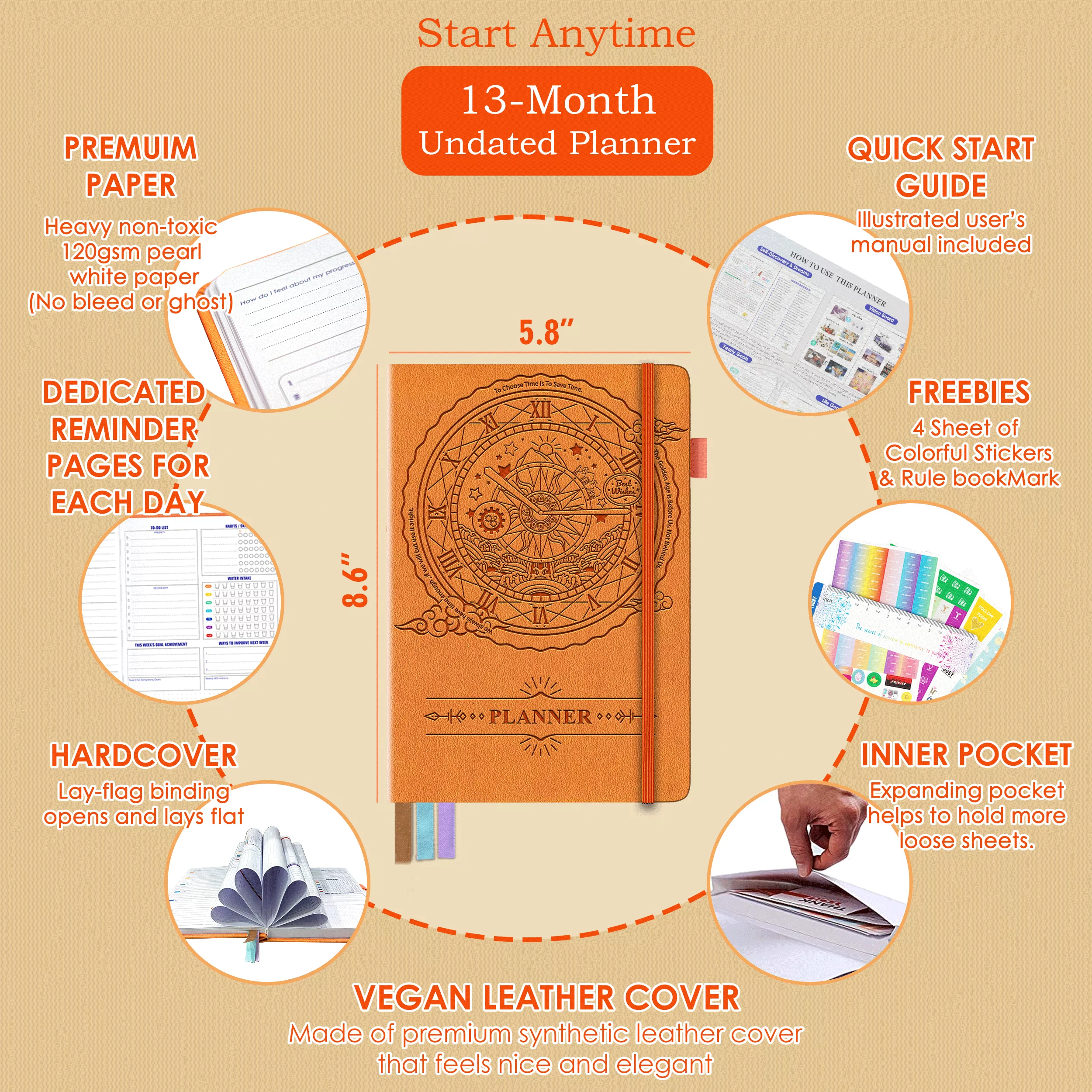 Snootion Achieve Your Goals Planner - Undated Weekly & Monthly, A5 Size, 120gsm Paper, 4 Sticker Sheets - Sunset Orange