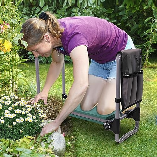 New Generation Garden Kneeler and Seat with Widen Soft EVA Pad Button-Press Design, Foldable and Lightweight, Garden Stool with Tool Bag, Green