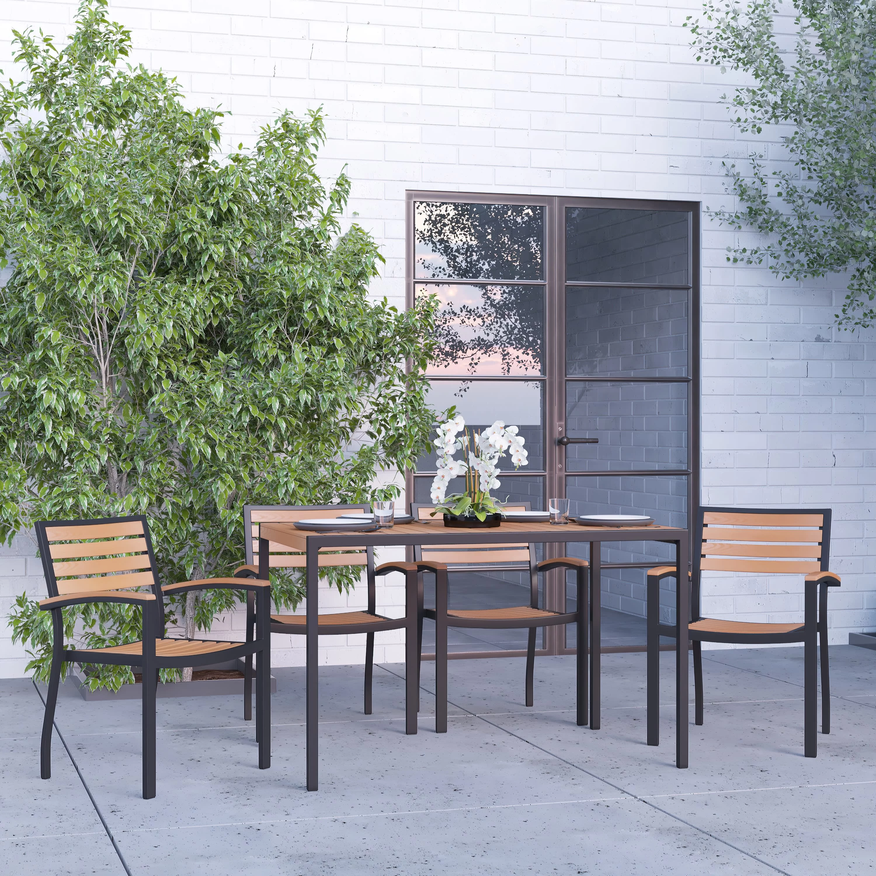 Merrick Lane 5 Piece Outdoor Synthetic Teak Poly Slat Table & Chairs Set - 30